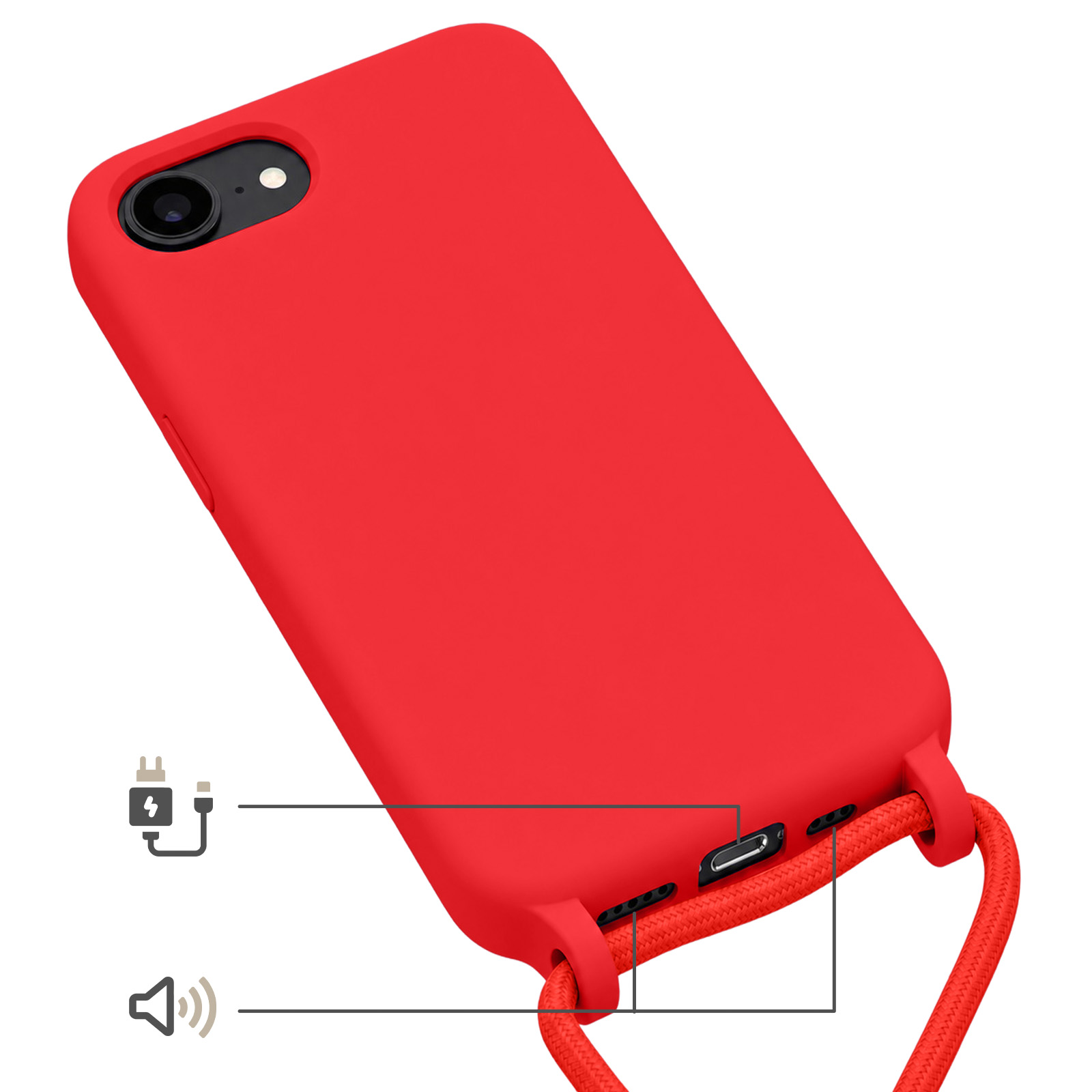 Rotes Handy mit Ladekabel- und Lautsprechersymbolen sowie Trageband.