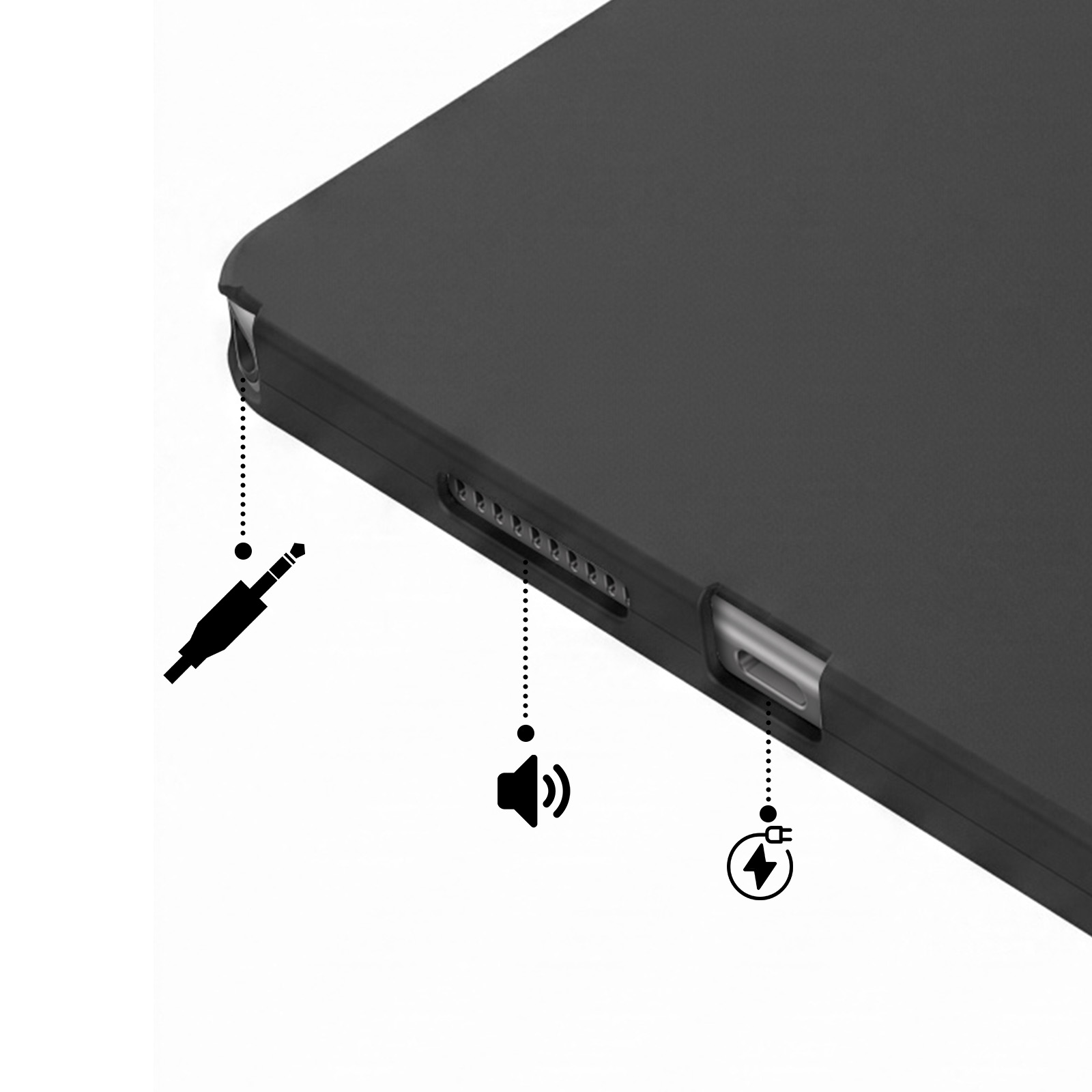 Tableta negra con iconos de auriculares, altavoz y puerto de carga.
