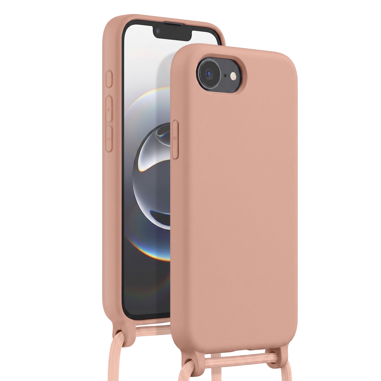 Ein rosafarbener Handy-Case mit einem rosafarbenen Band, das an den Seiten befestigt ist.