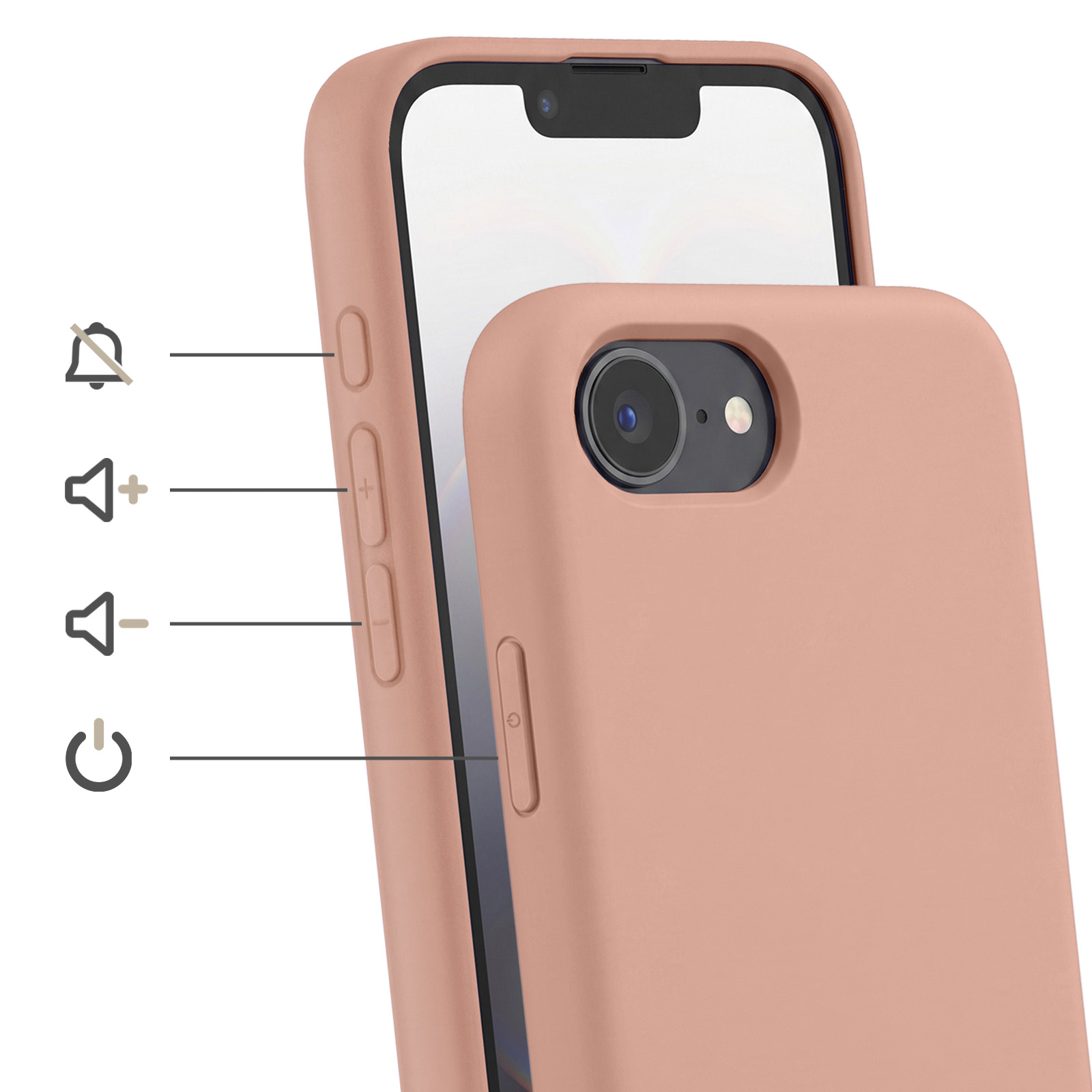 Ein rosafarbenes iPhone in einer Hülle mit Symbolen für Lautstärke und Stummschaltung.