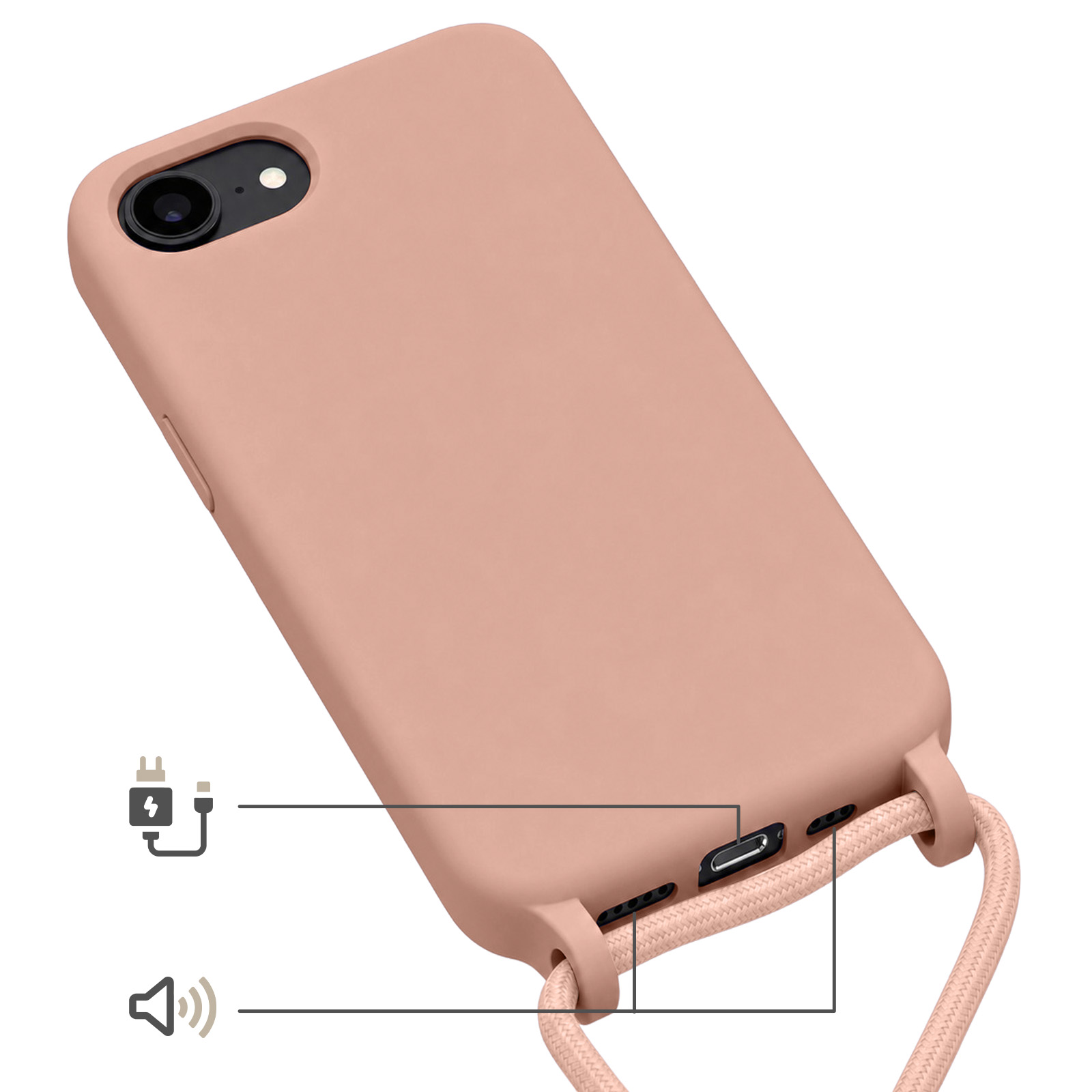 Ein rosafarbener Handy-Schutz mit Lade- und Lautsprechersymbolen.
