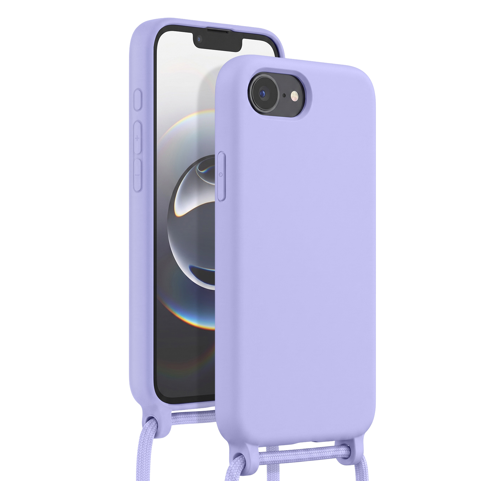 Ein lila iPhone mit einer Hülle und einem Riemen.