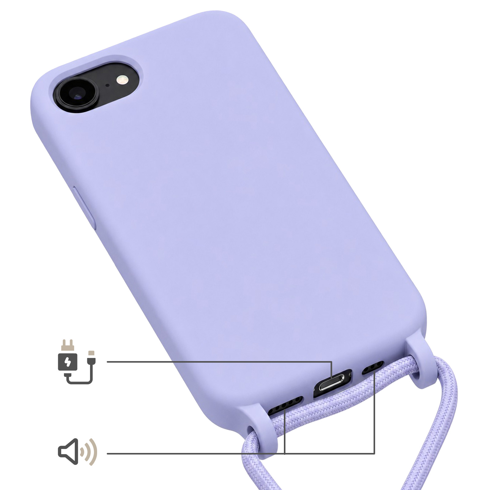 Ein lila Handyhülle mit einem Ladekabel- und Lautsprechersymbol.