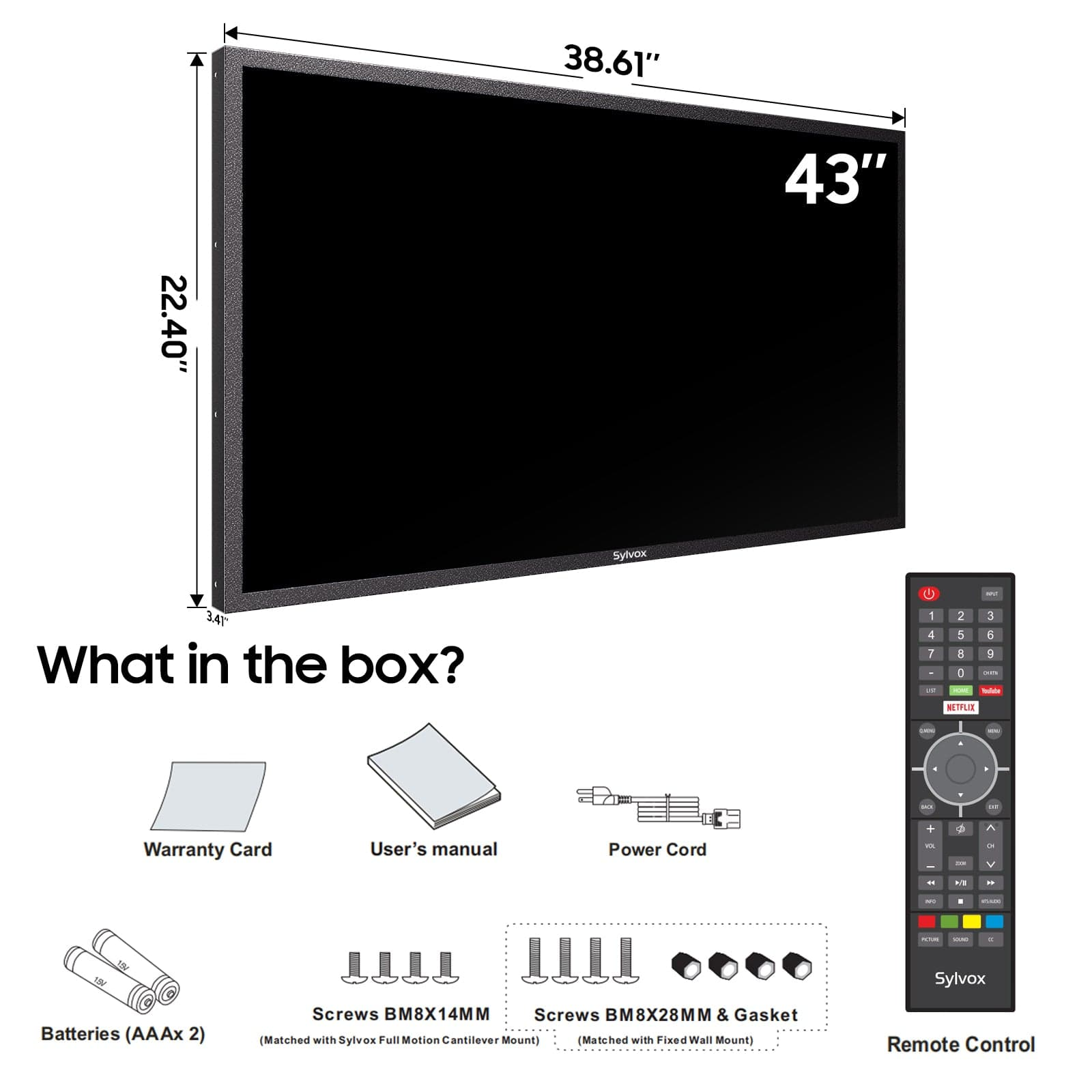 43-Zoll-Fernseher mit Maßen, Fernbedienung und Lieferumfang: Garantiekarte, Handbuch, Netzkabel, Batterien, Schrauben.