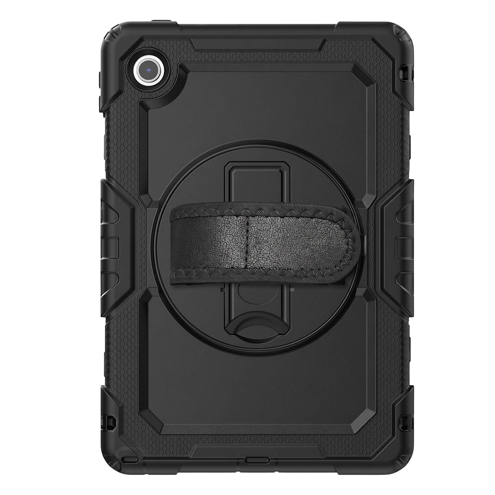 Schwarzes Tablet-Case mit Griff und Kameraöffnung.