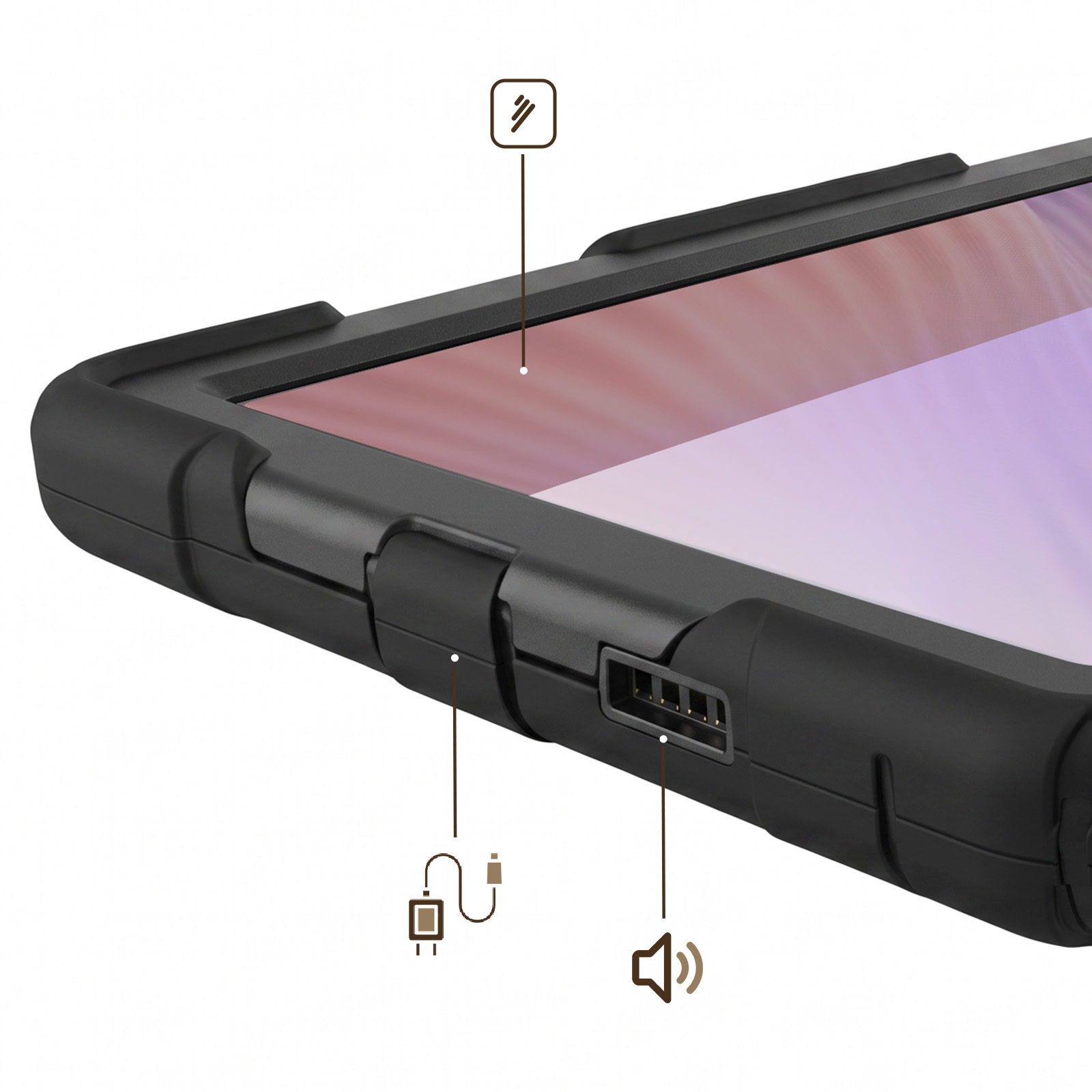Ein schwarzes Tabletgehäuse mit Anschlüssen und Symbolen für Aufladen und Ton.