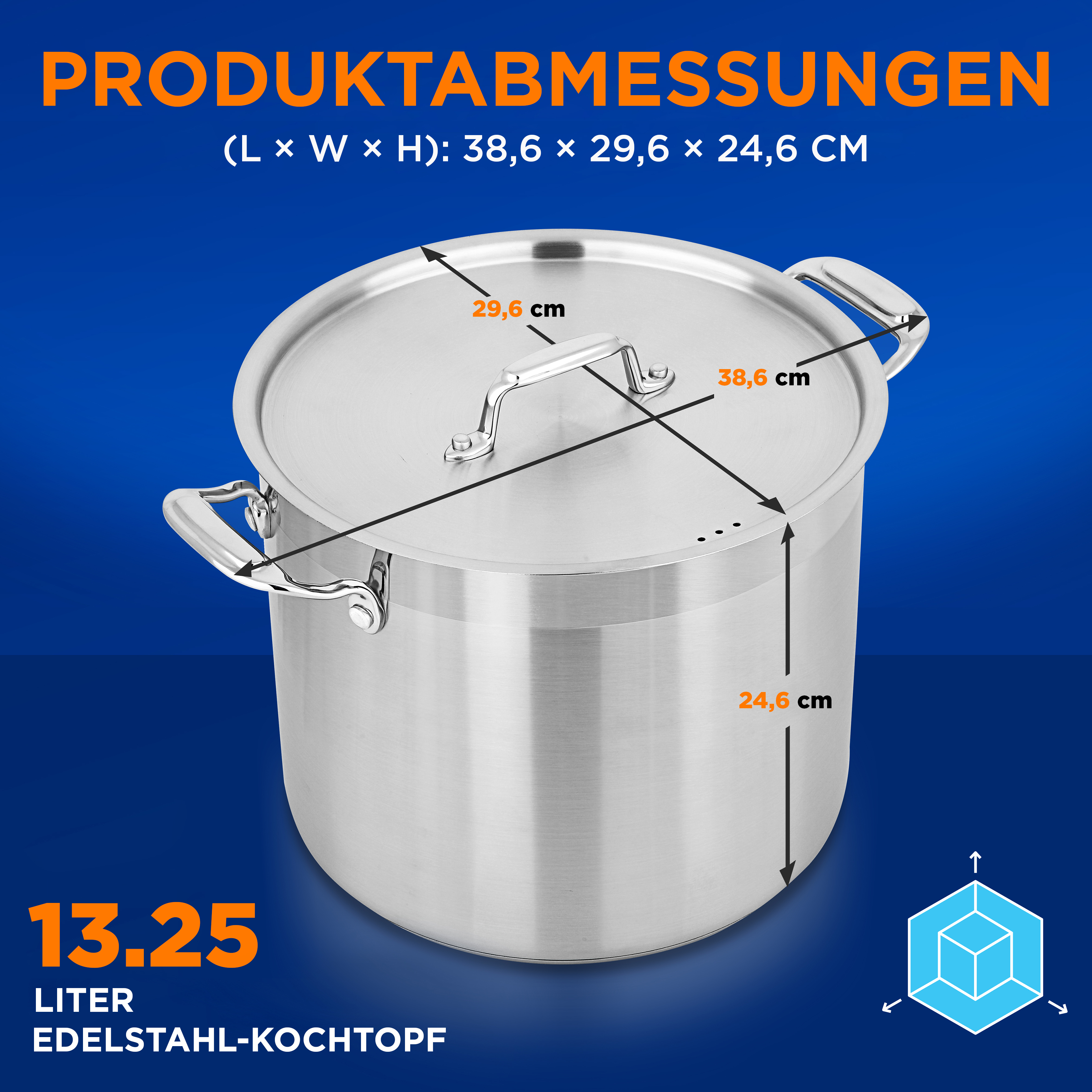 Edelstahlkochtopf 13,25 Liter, Maße 38,6x29,6x24,6 cm.