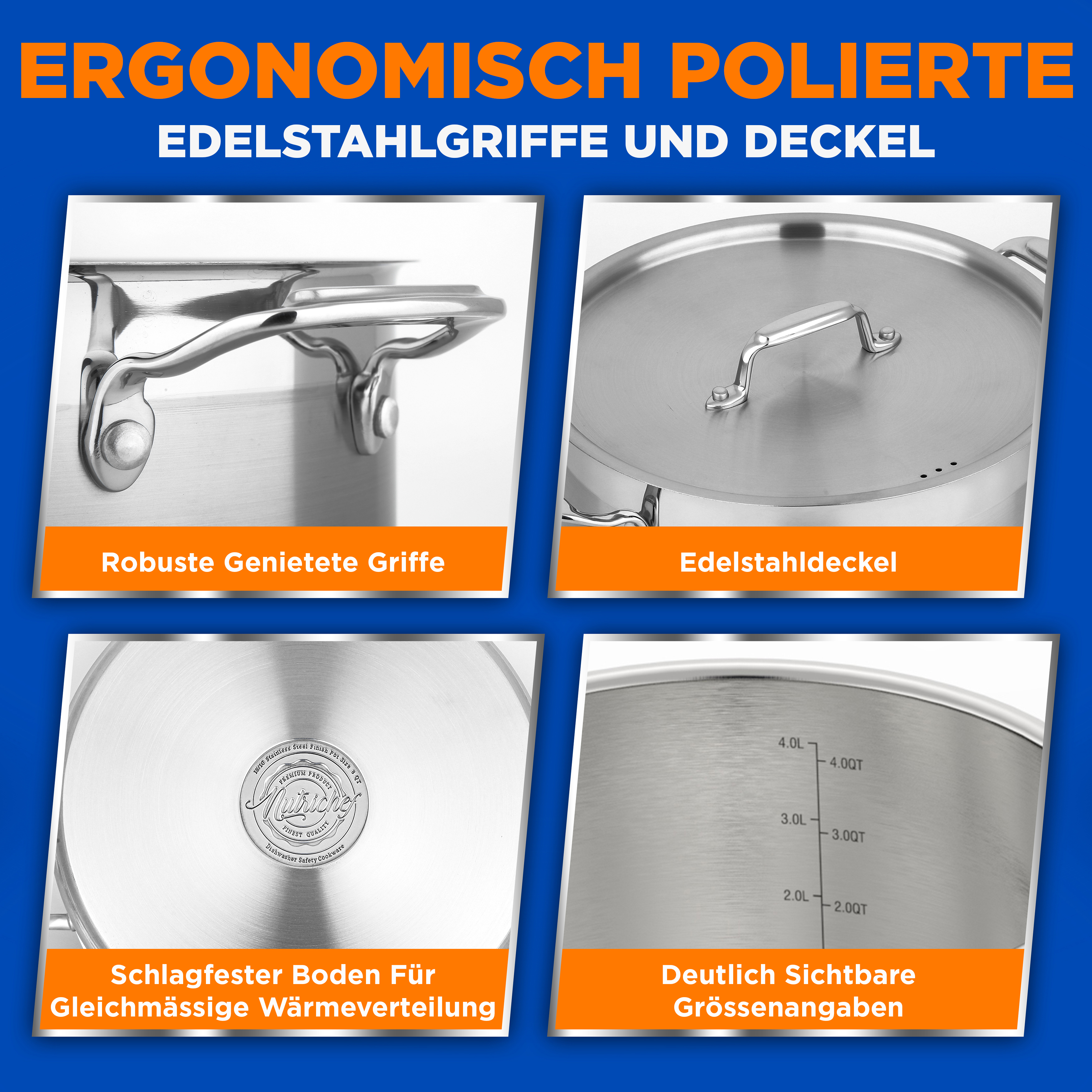 Übersicht über polierte Edelstahl Töpfe mit Griffen, Deckel, Boden und Größenangaben.