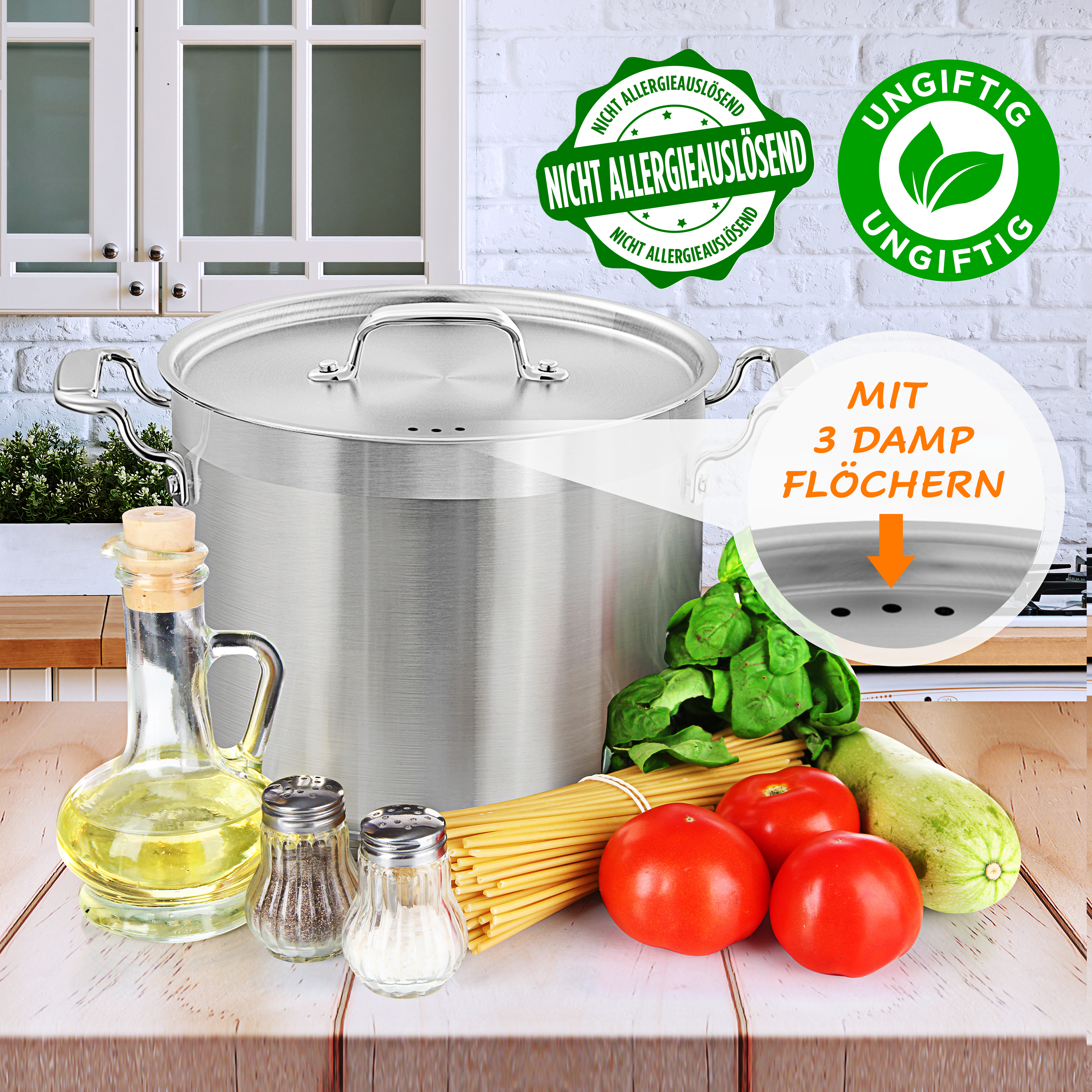 Großer Edelstahltopf mit Kochzutaten und Siegeln für Ungiftigkeit und Allergenfreiheit.