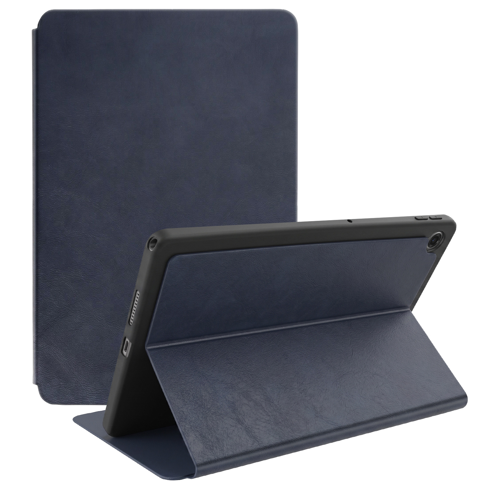 Un soporte para tableta azul oscuro con textura de cuero que sostiene una tableta.