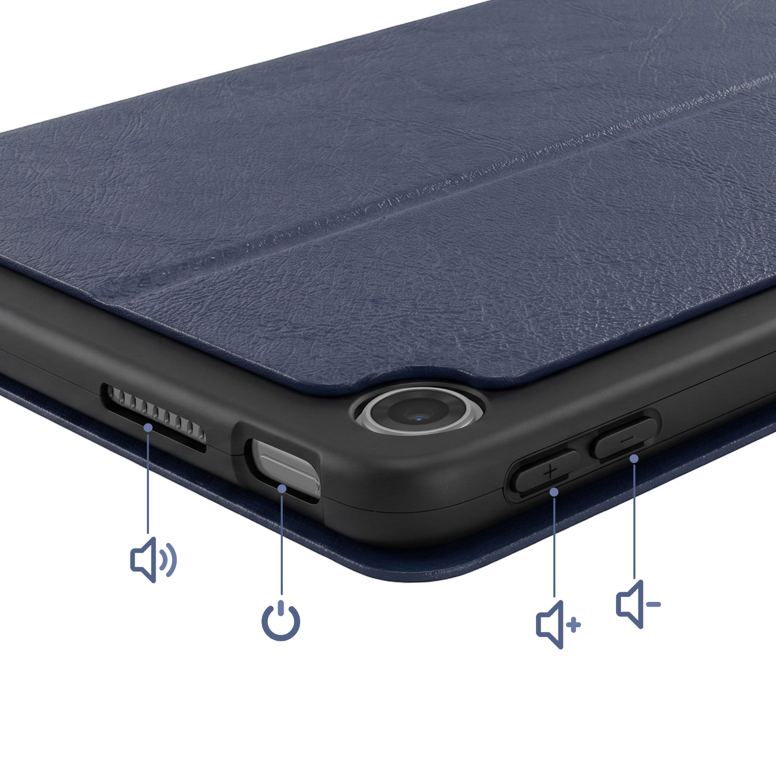 Primer plano de una funda azul oscuro para tableta mostrando botones y cámara. Iconos indican volumen y encendido.