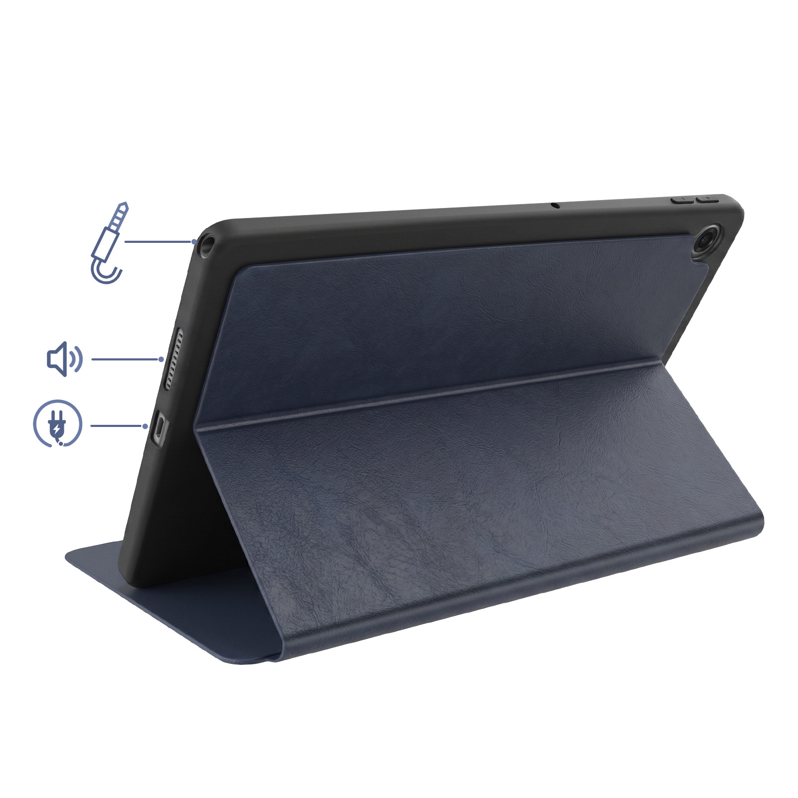 Tableta azul oscuro con función de soporte e iconos de audio, carga y auriculares.