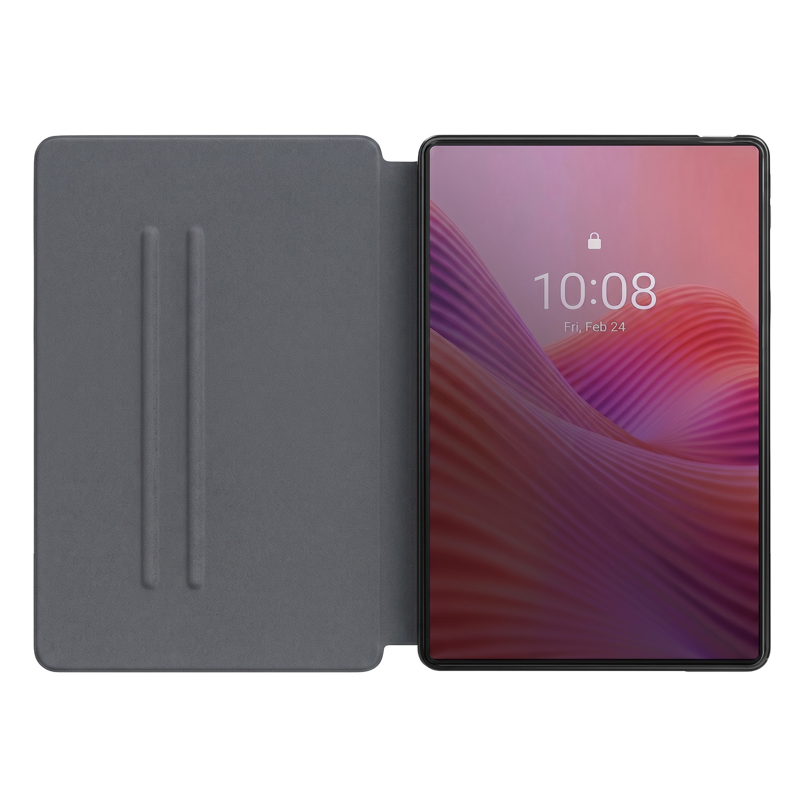 Una tableta gris con funda abierta mostrando la hora en pantalla.