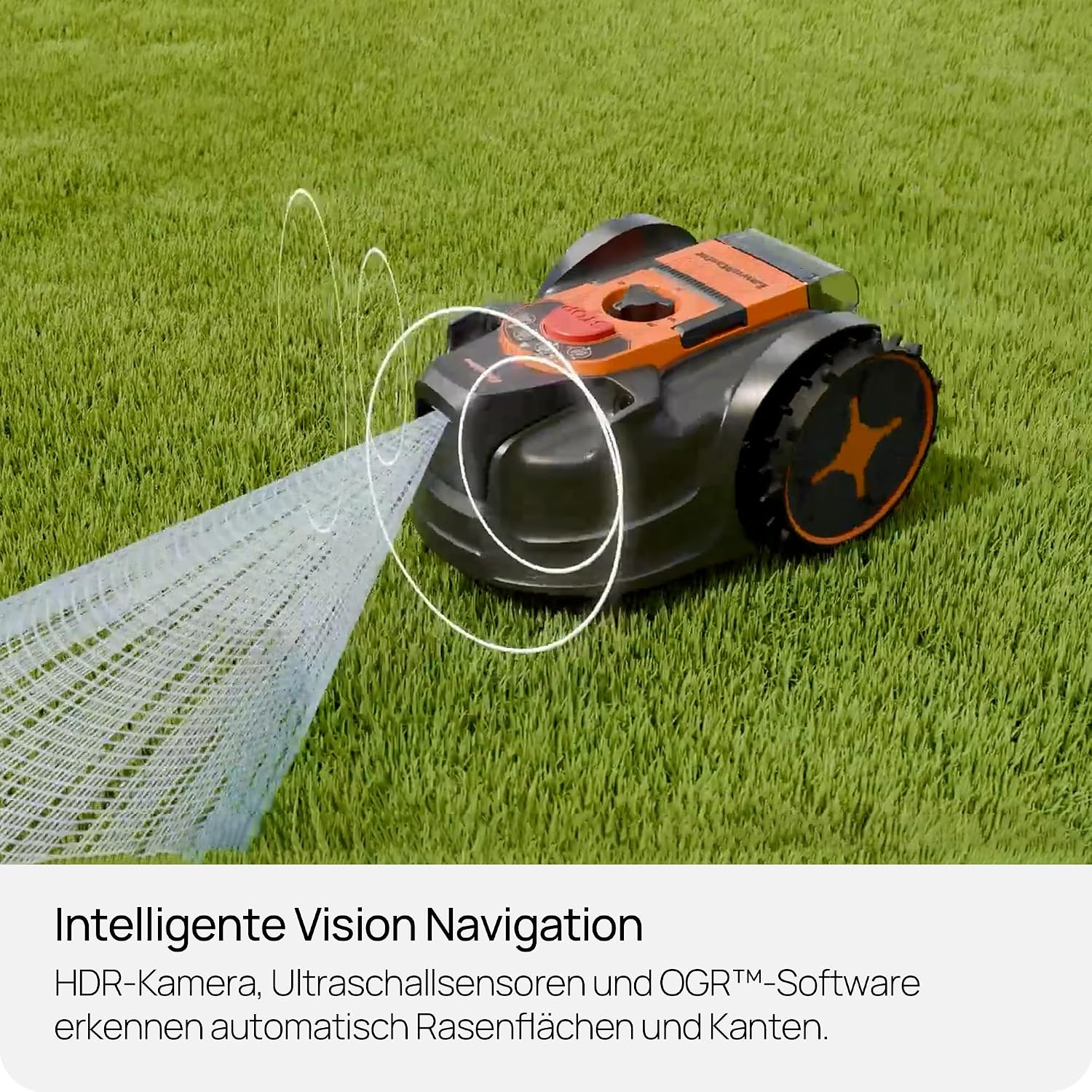Ein Mähroboter auf einem grünen Rasen mit sichtbaren Navigationslinien.