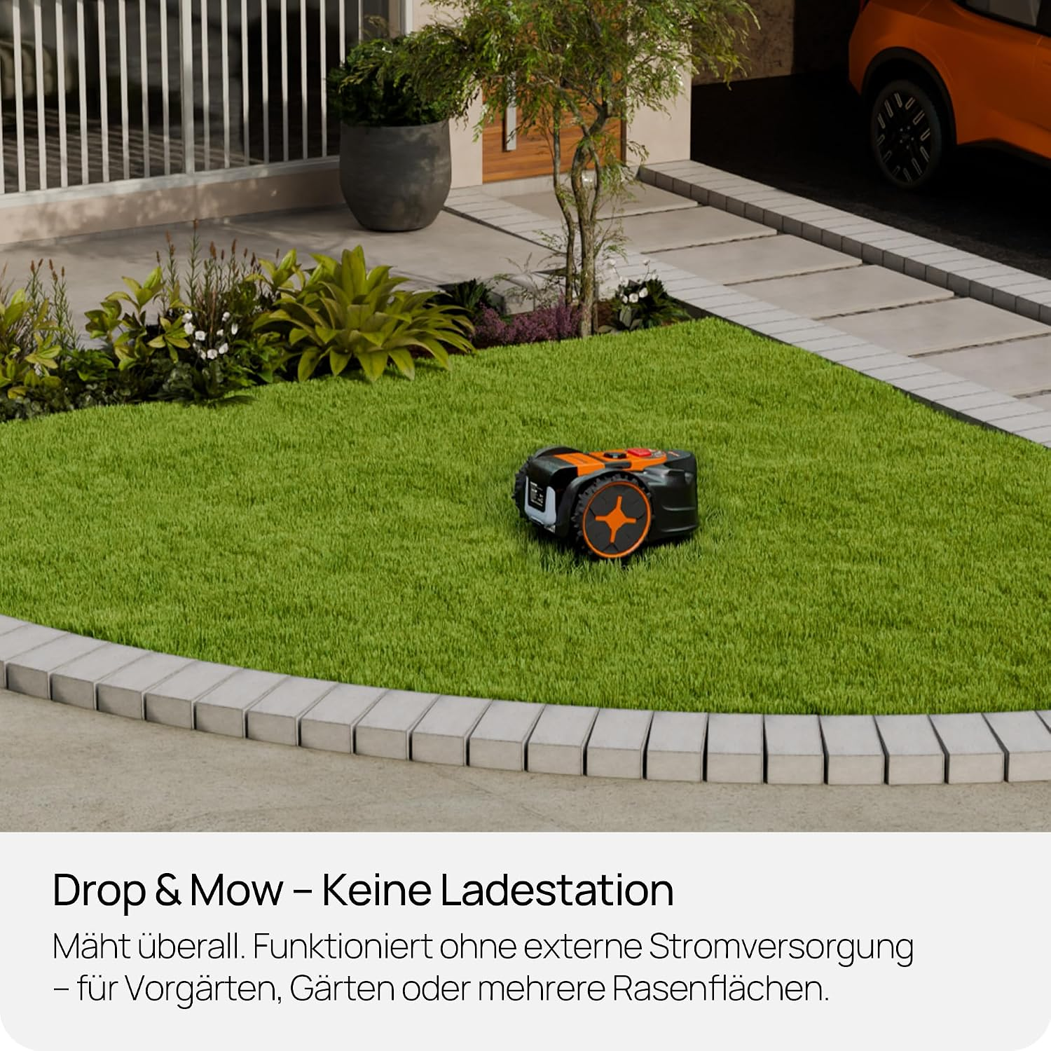 Ein schwarzer Mähroboter mit orangen Akzenten mäht einen grünen Rasen vor einem Haus.