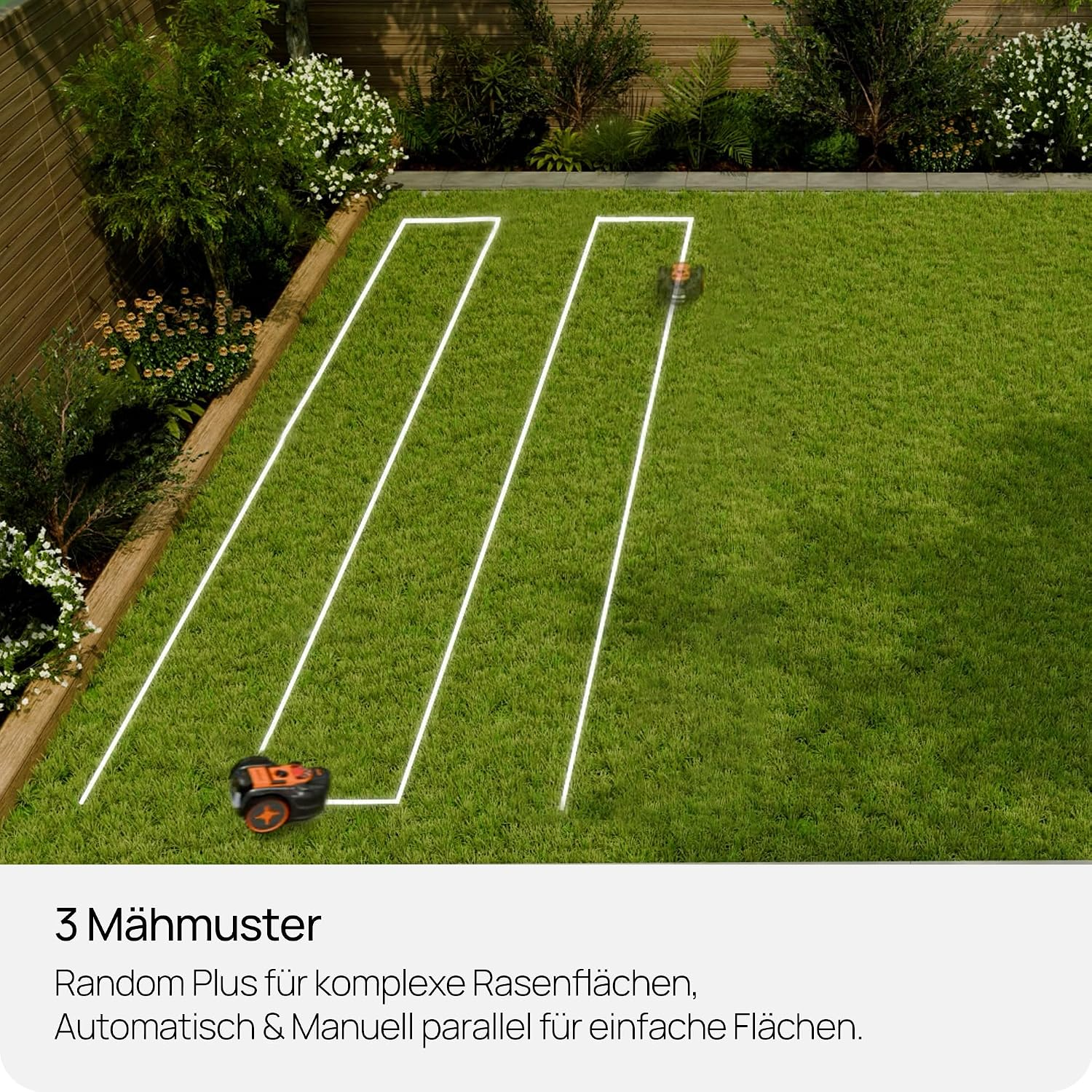 Ein Mähroboter fährt auf einem Rasen entlang eines weißen Begrenzungskabels.