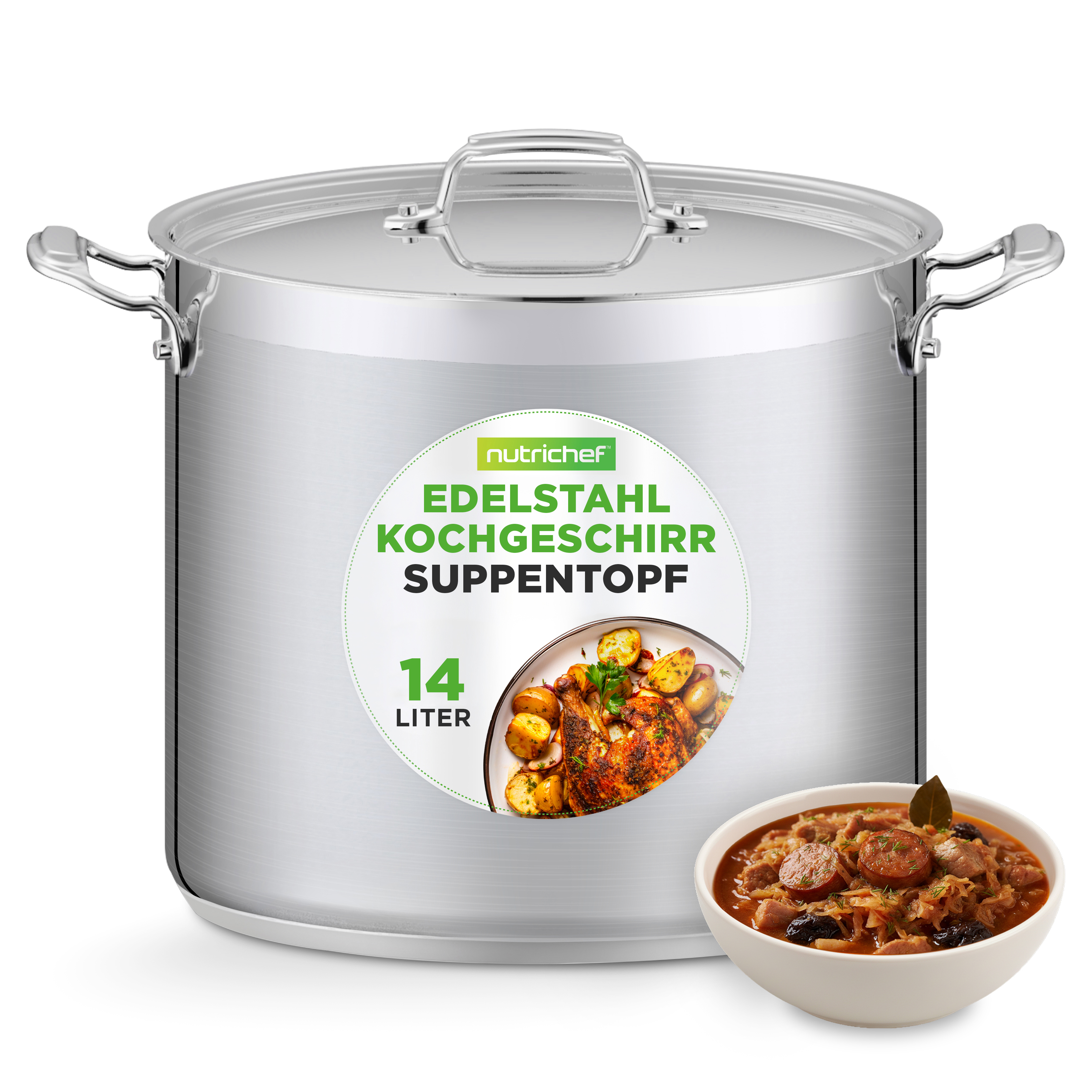 Ein großer Edelstahltopt mit Kochgeschirr-Label und einer Schüssel deftigen Eintopfs.