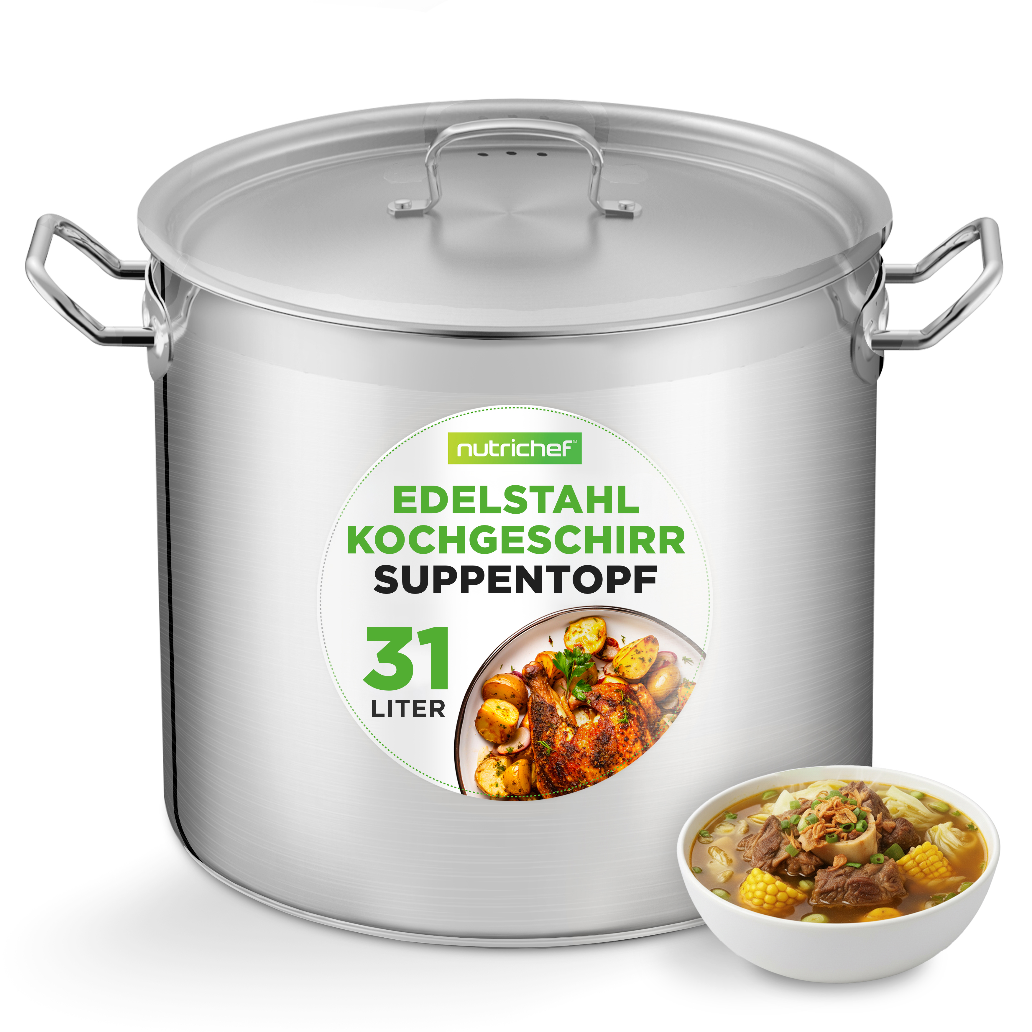 Ein großer Edelstahltopt mit Suppe und Brathähnchen auf einem Teller daneben.