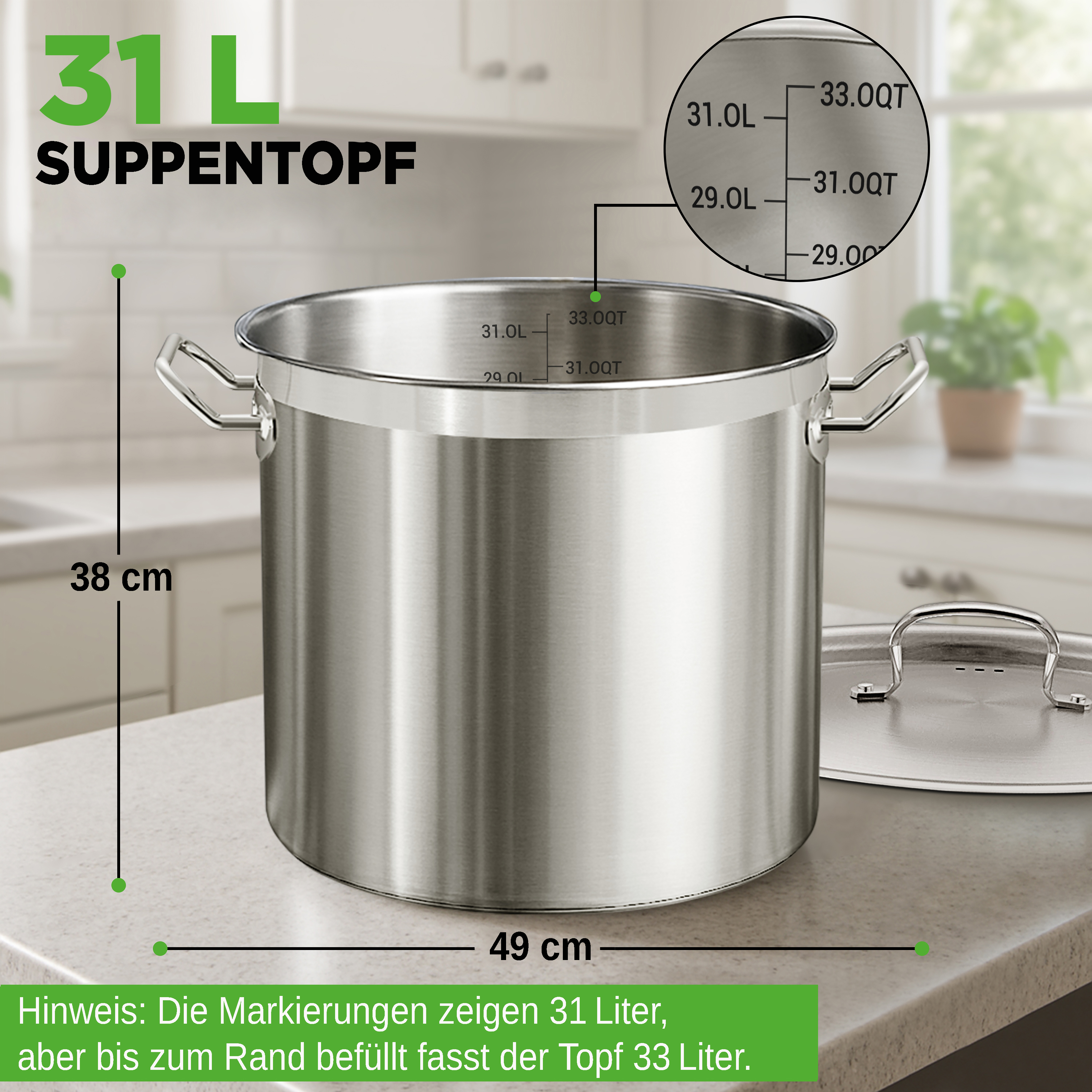 Ein großer 31L Edelstahltopf mit Henkeln und Messmarkierungen. 38cm hoch, 49cm breit.
