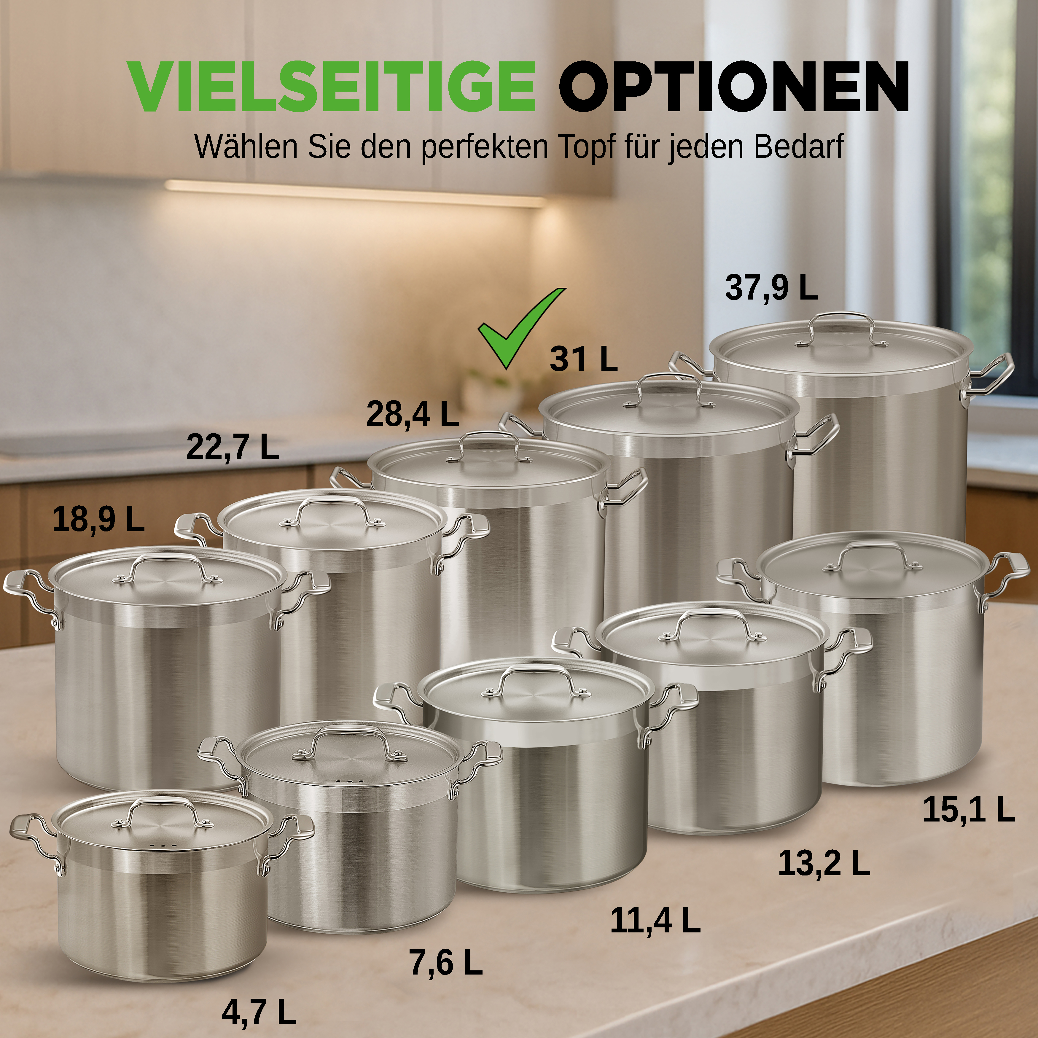 Mehrere Edelstahltöpfe verschiedener Größen auf einer Arbeitsplatte.