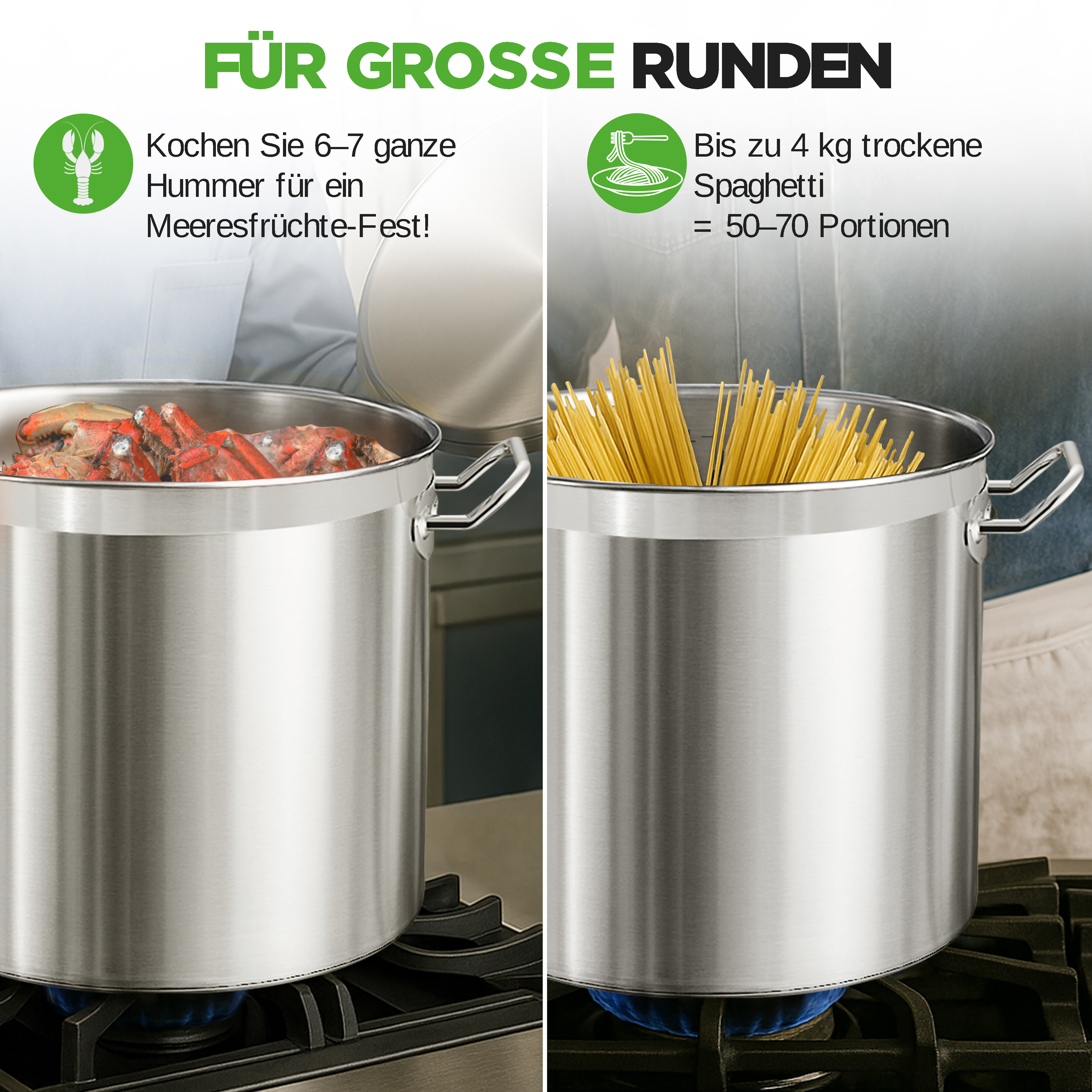 Zwei Töpfe: Einer mit Hummern, einer mit Spaghetti.
