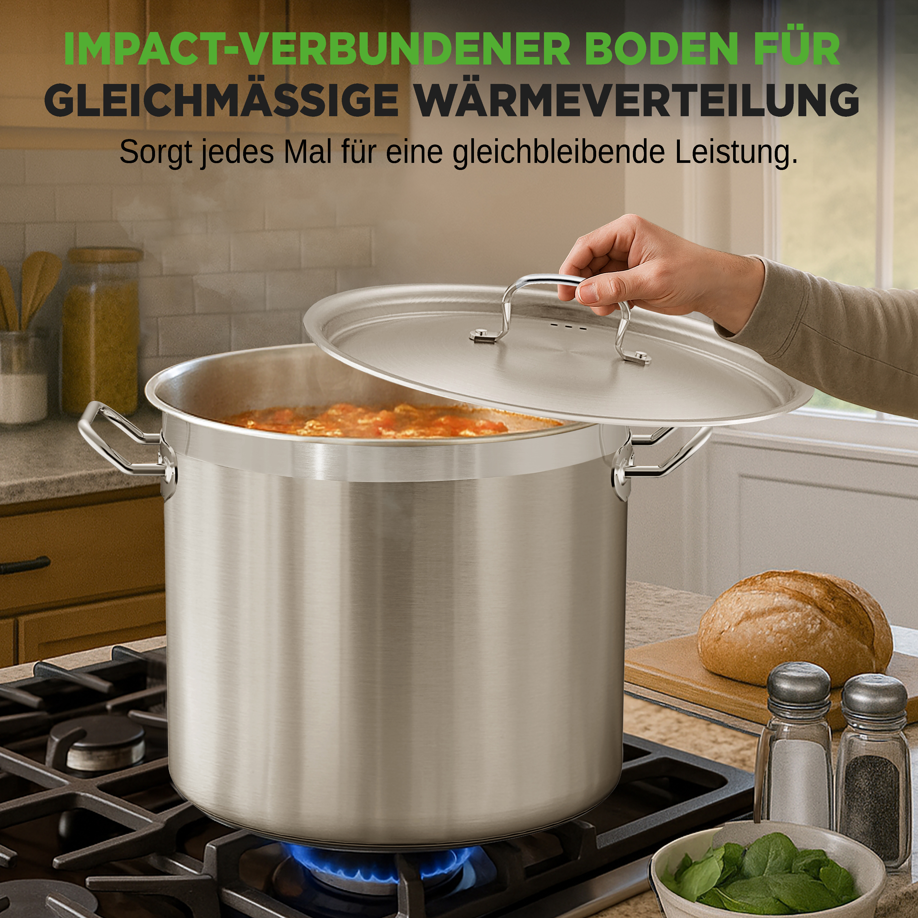 Ein Topf mit Essen auf einem Gasherd, mit einer Hand wird der Deckel angehoben.