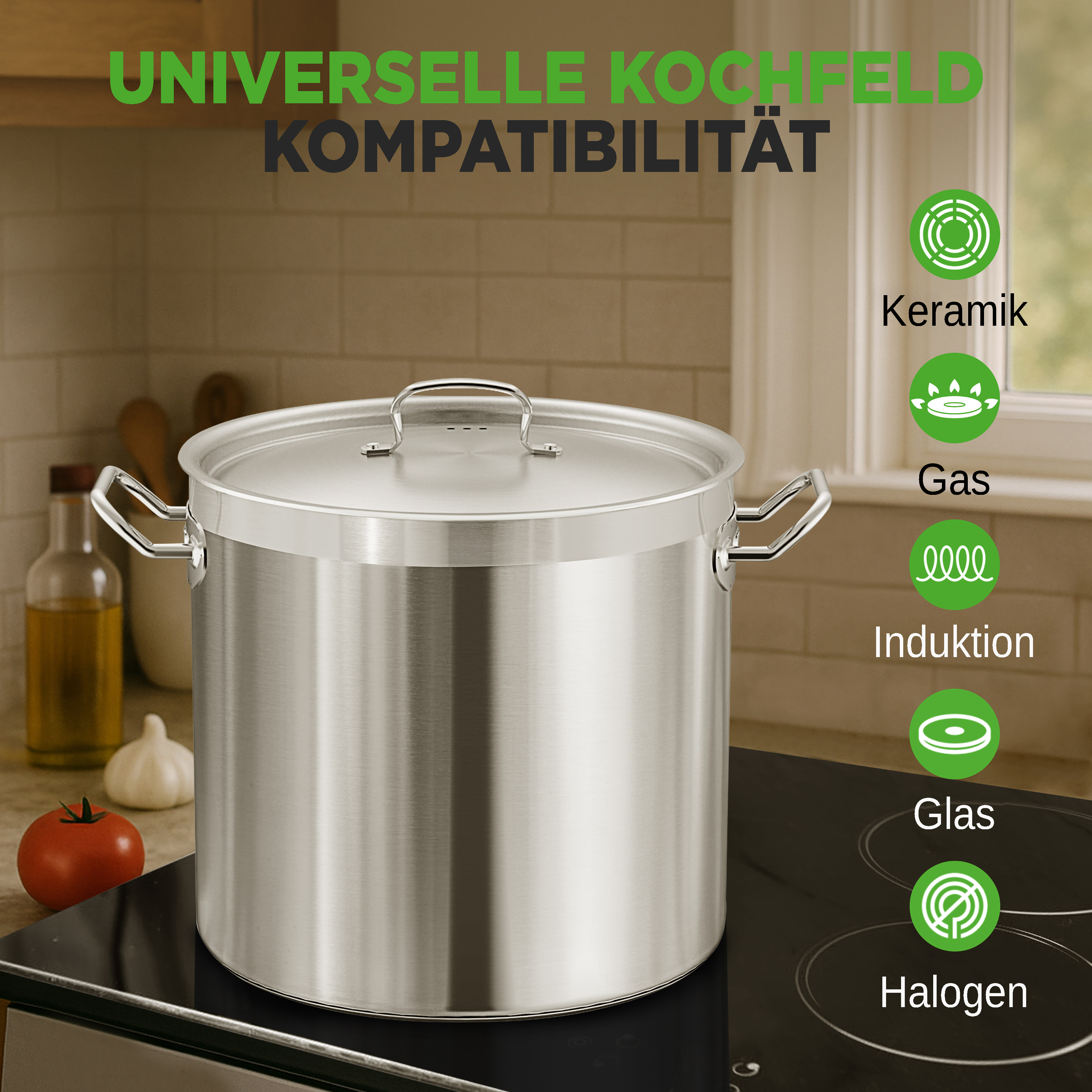 Großer Kochtopf auf einem Kochfeld mit Kompatibilitätssymbolen für Keramik, Gas, Induktion, Glas.