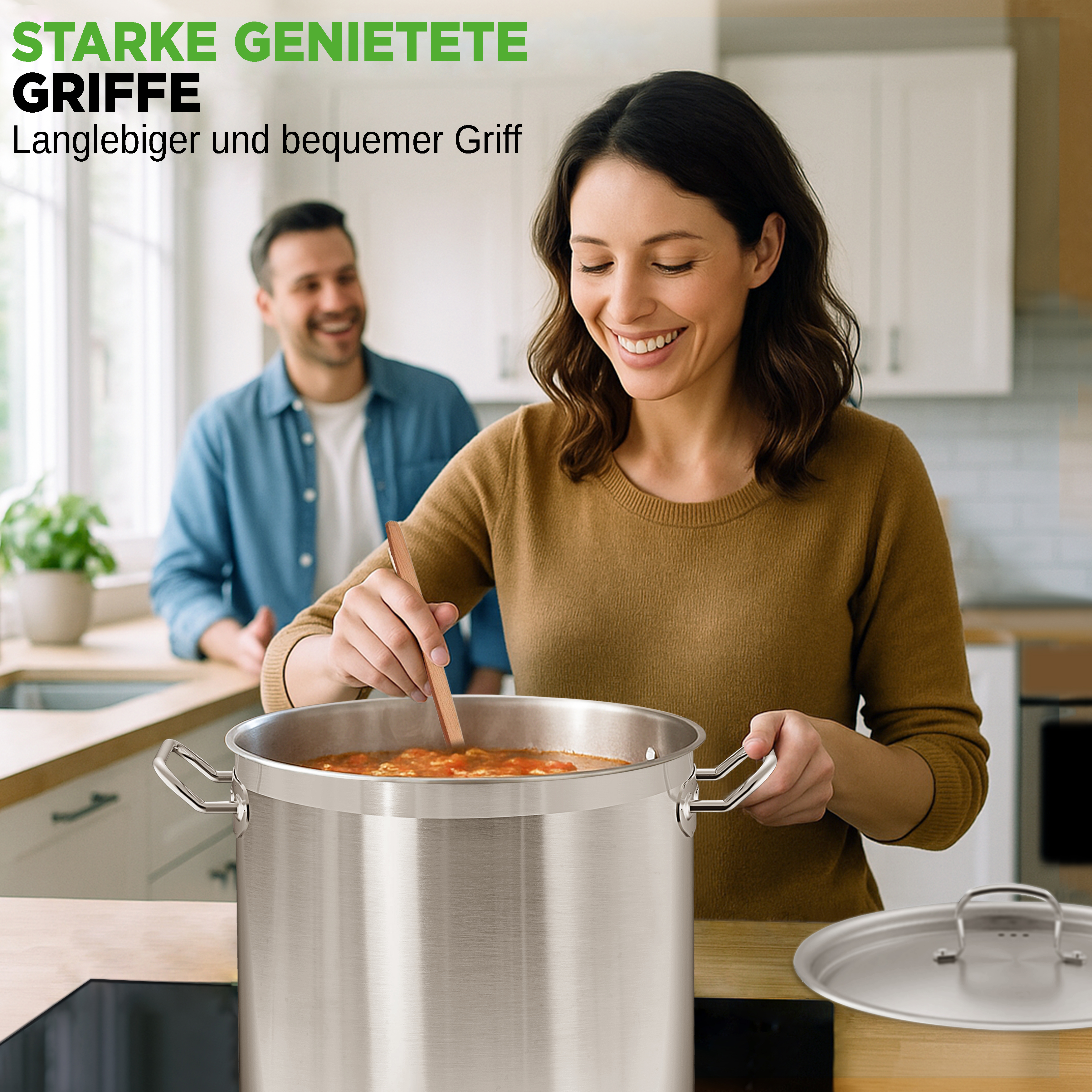 Eine Frau rührt in einem großen Topf mit Suppe, ein Mann steht im Hintergrund.