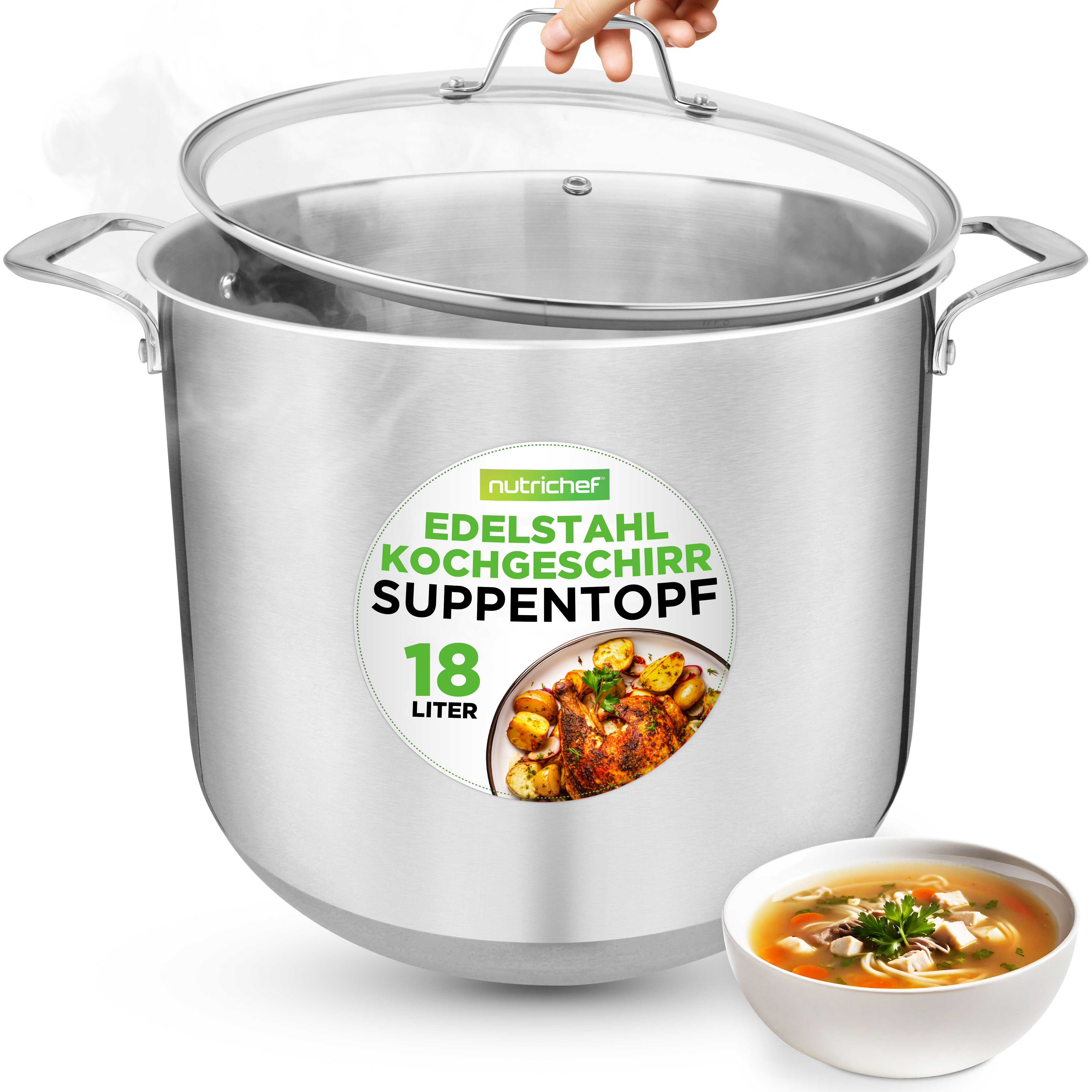 Ein großer Edelstahltopf mit Glasdeckel, daneben eine Schüssel Suppe.