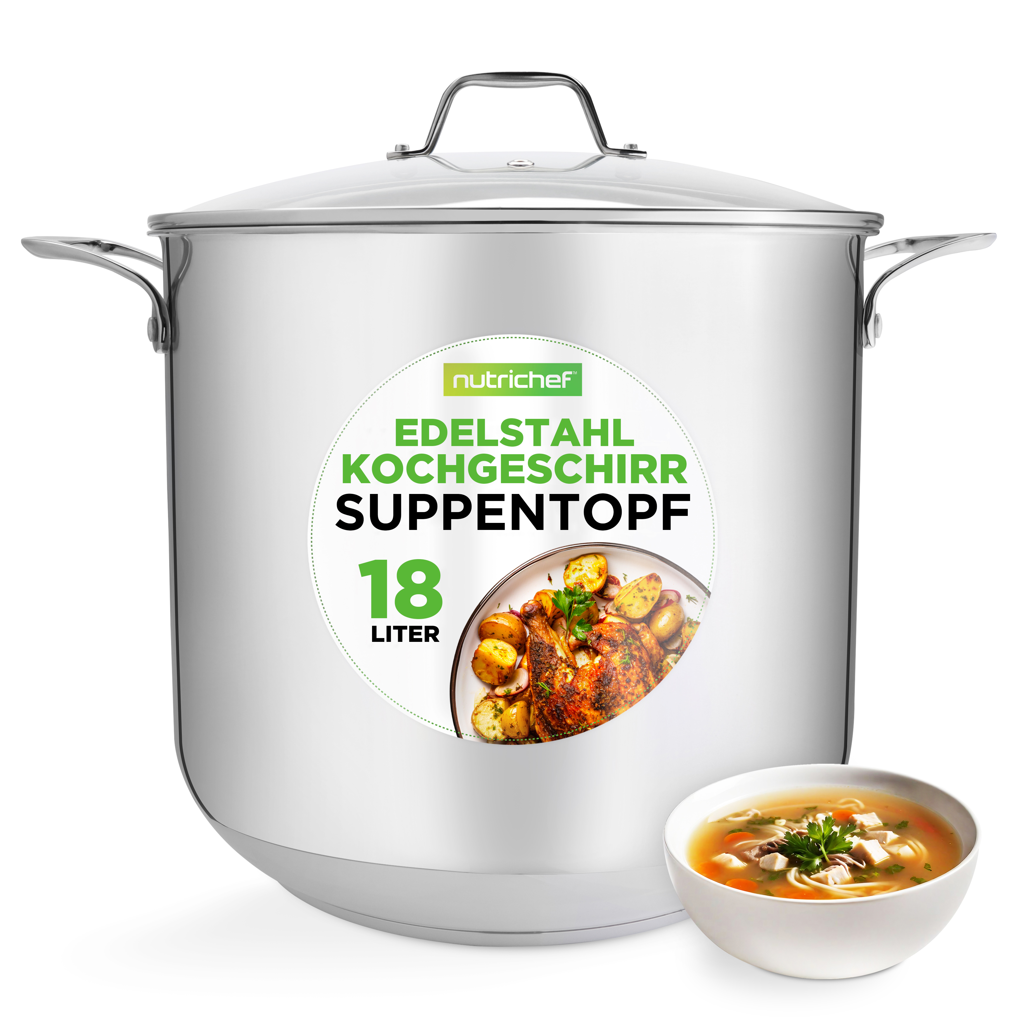 Ein großer Edelstahltoptopf mit einem Teller Brathähnchen und Kartoffeln daneben.