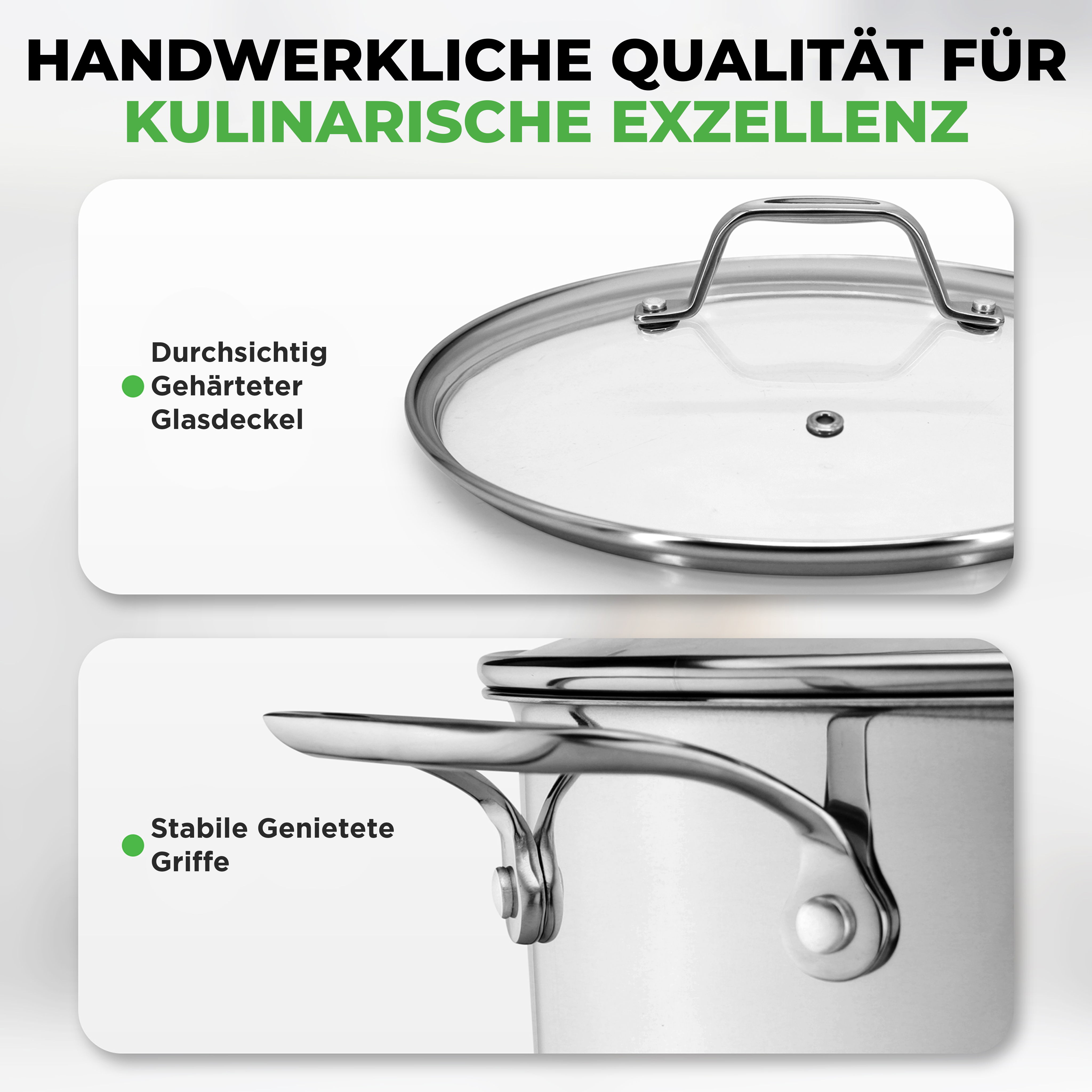 Nahaufnahme eines Kochtopfdeckels und Griffs mit Text.