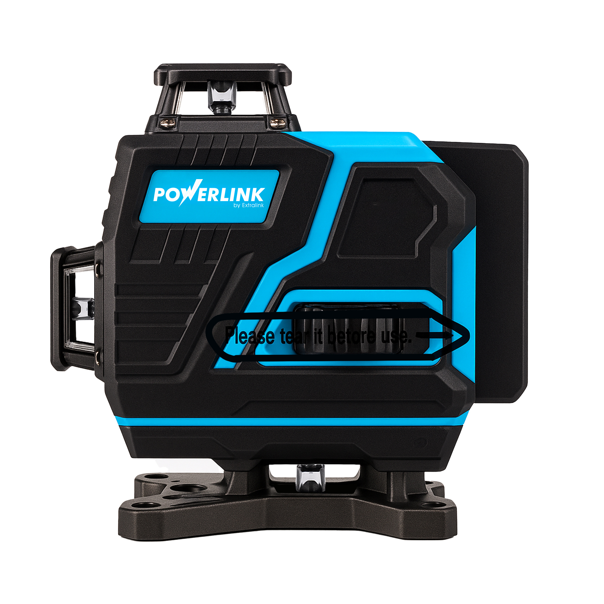 Czarny i niebieski niwelator laserowy Powerlink ze stojakiem.