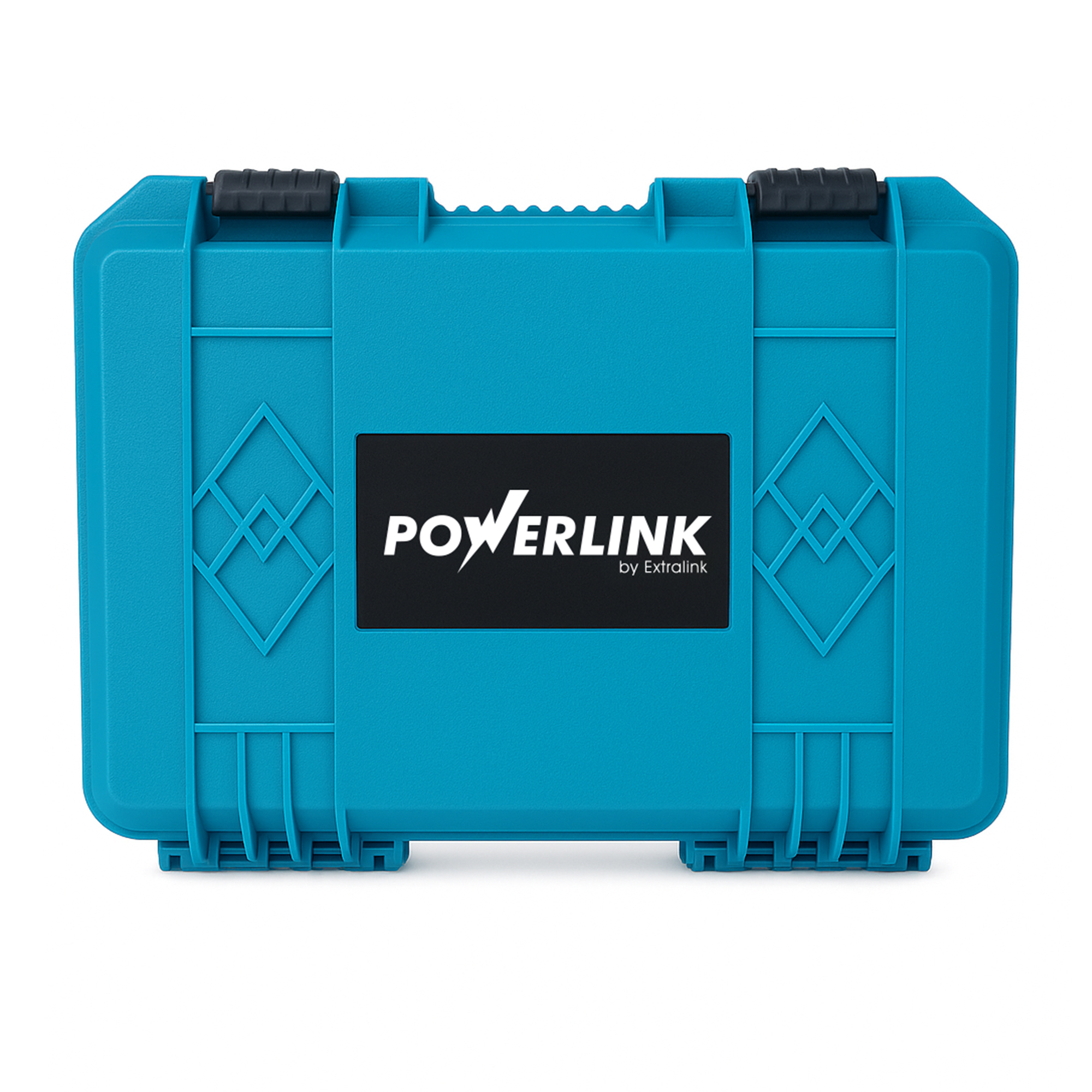 Niebieska walizka z czarnym logo Powerlink.