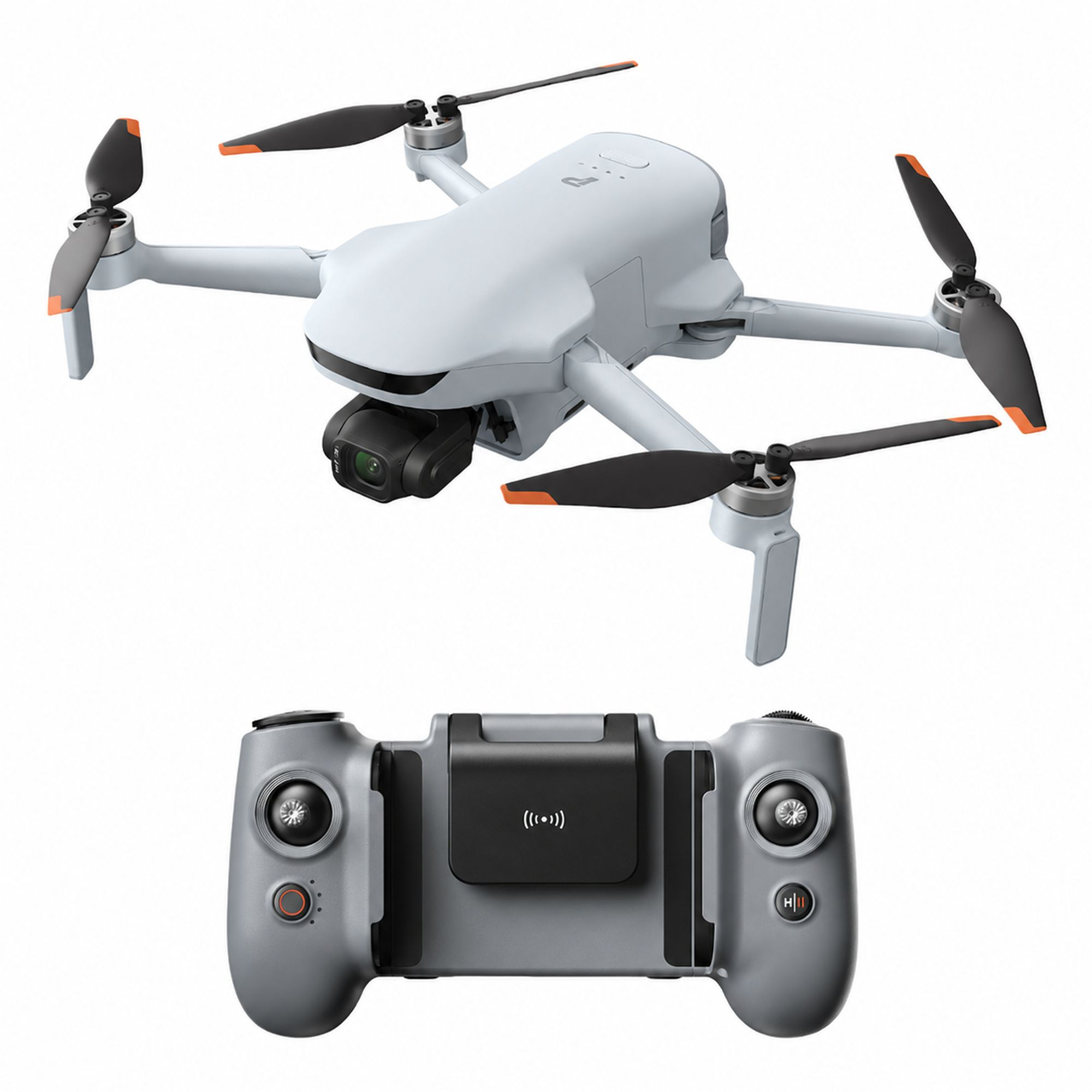Biały dron z czarnymi śmigłami i pomarańczowymi akcentami nad szarym kontrolerem.