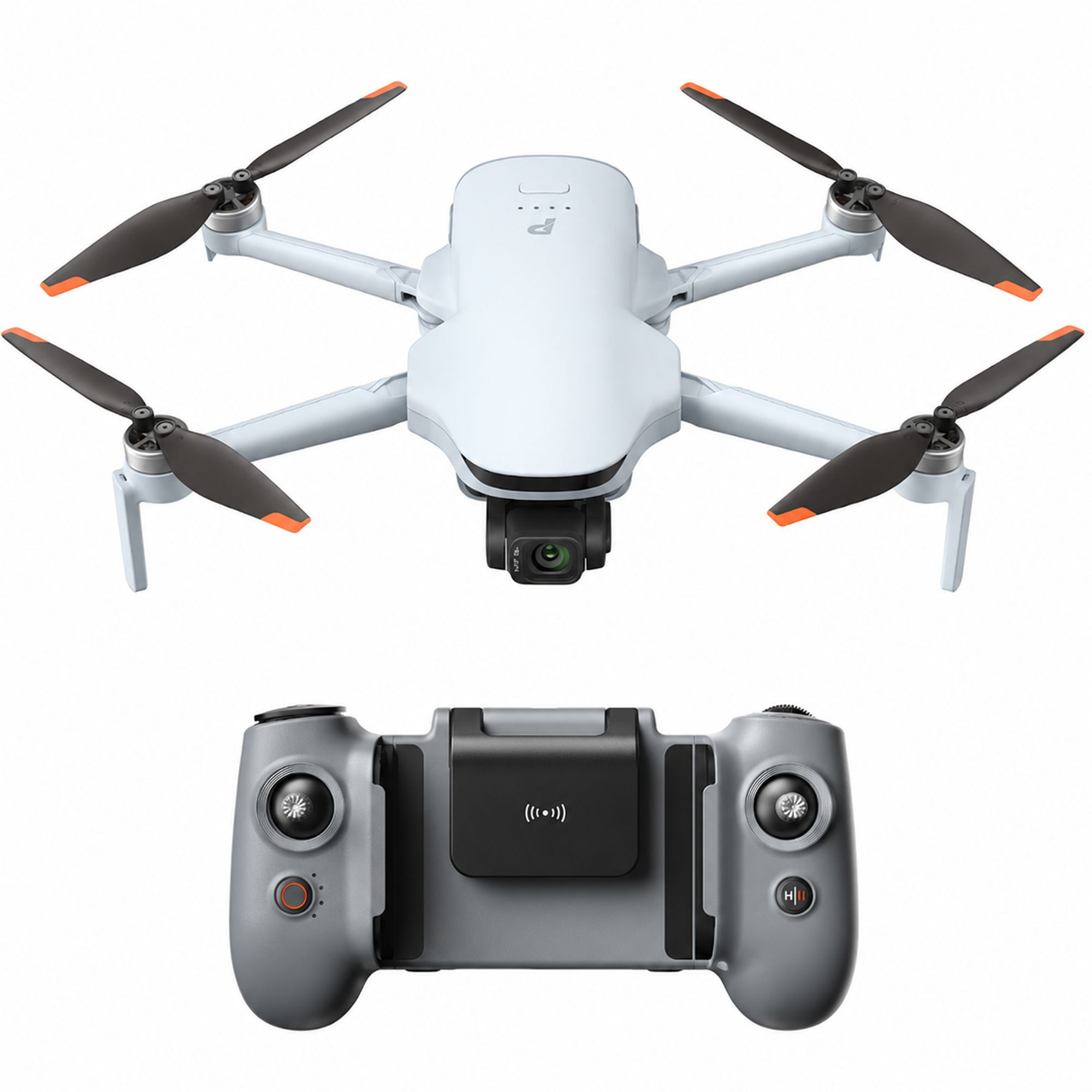 Biały dron z czterema śmigłami i kamerą, nad szarym pilotem.