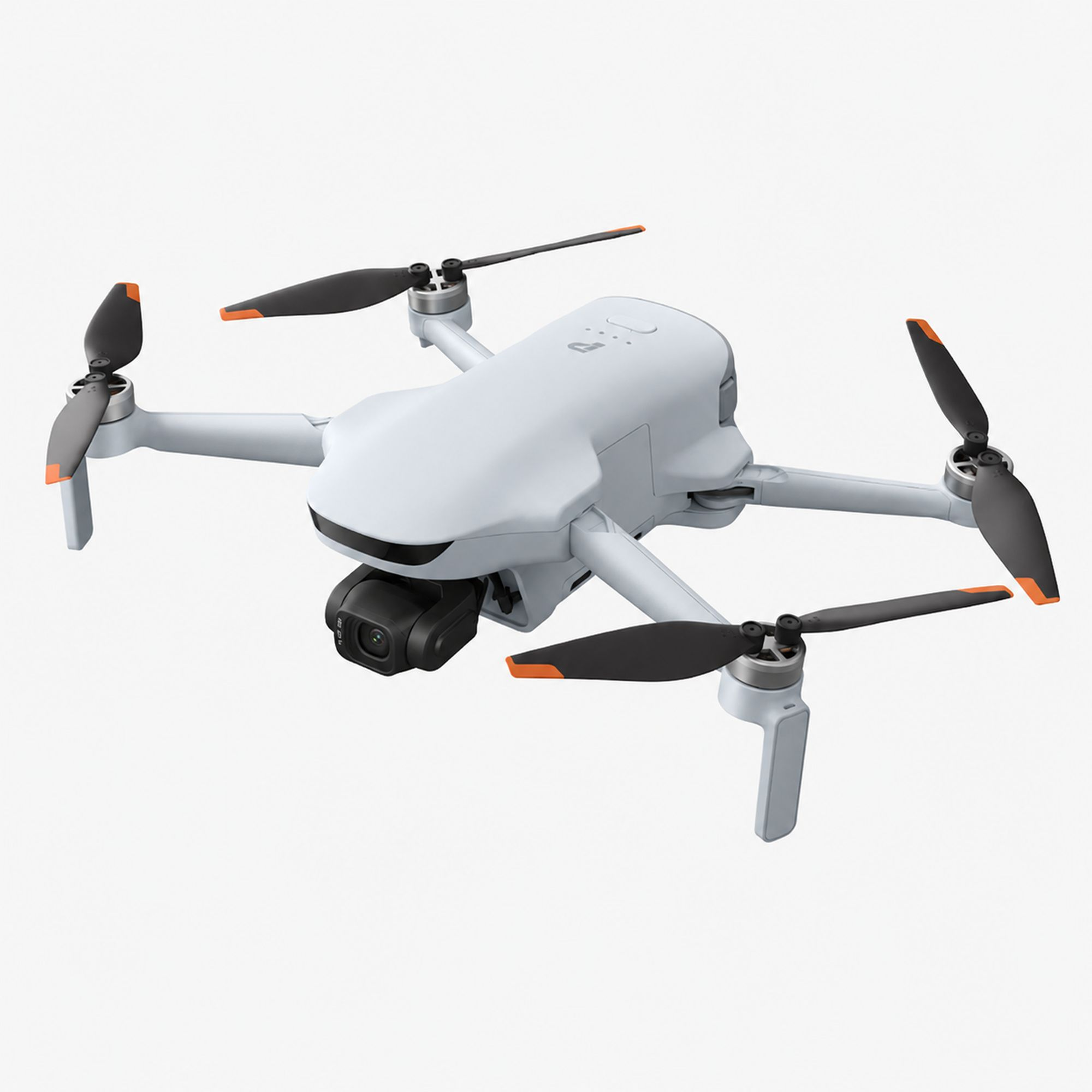 Biały dron z czarnymi śmigłami i pomarańczowymi końcówkami jest pokazany na białym tle.