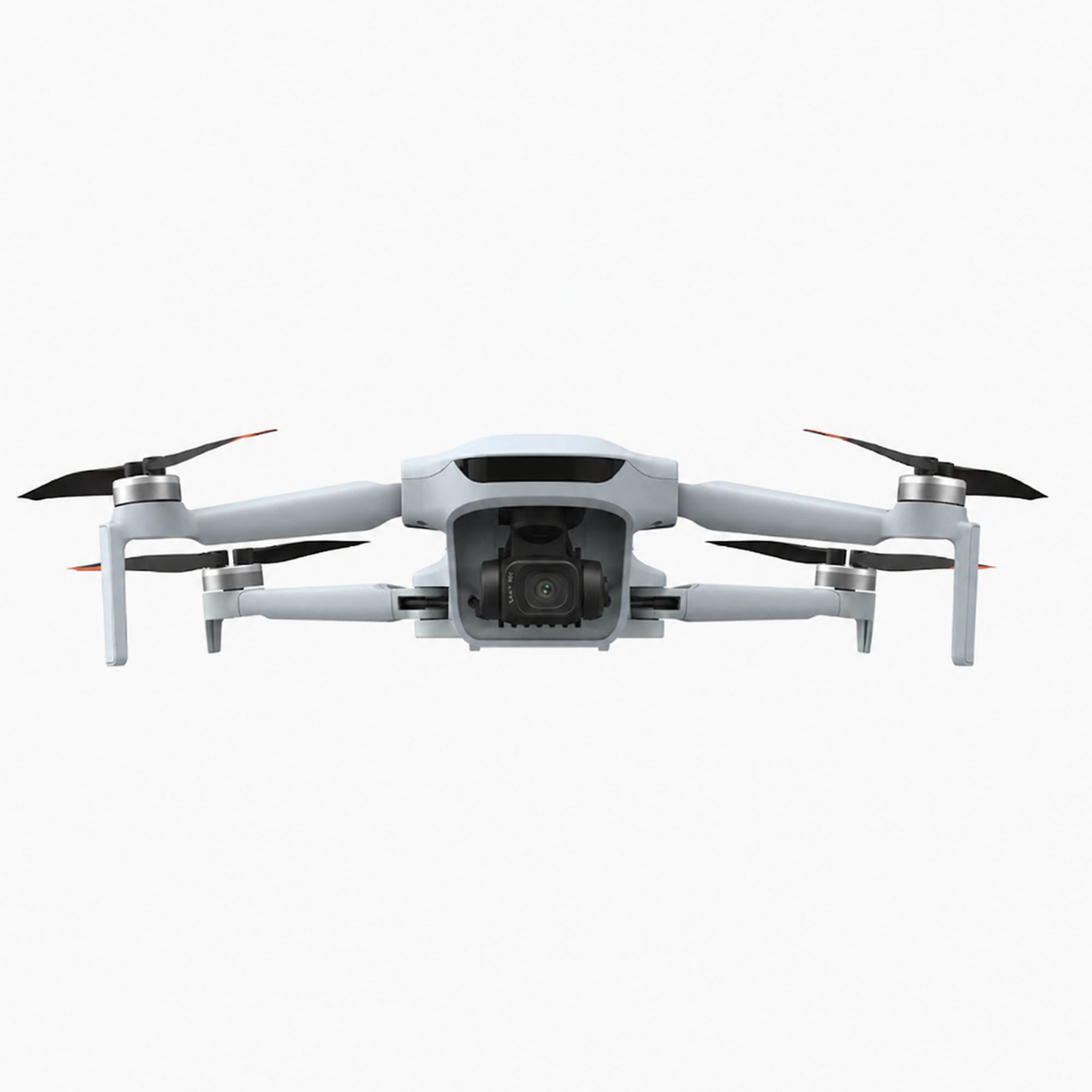 Szara dron z czterema czarnymi śmigłami i centralną kamerą.