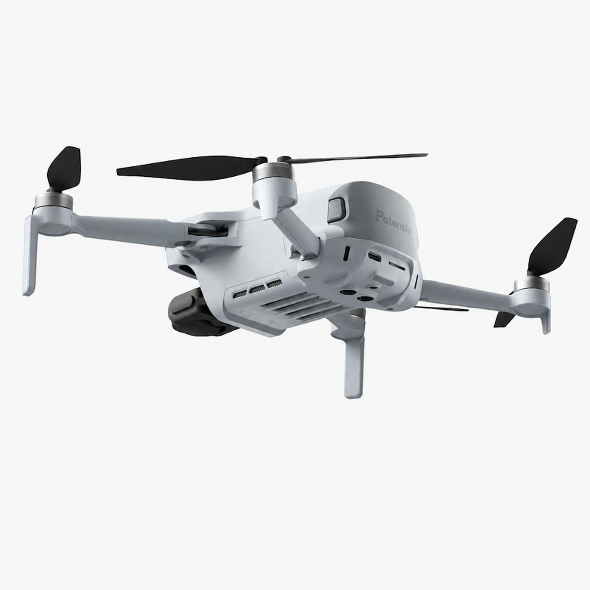 Biały mini dron z czarnymi śmigłami na białym tle.
