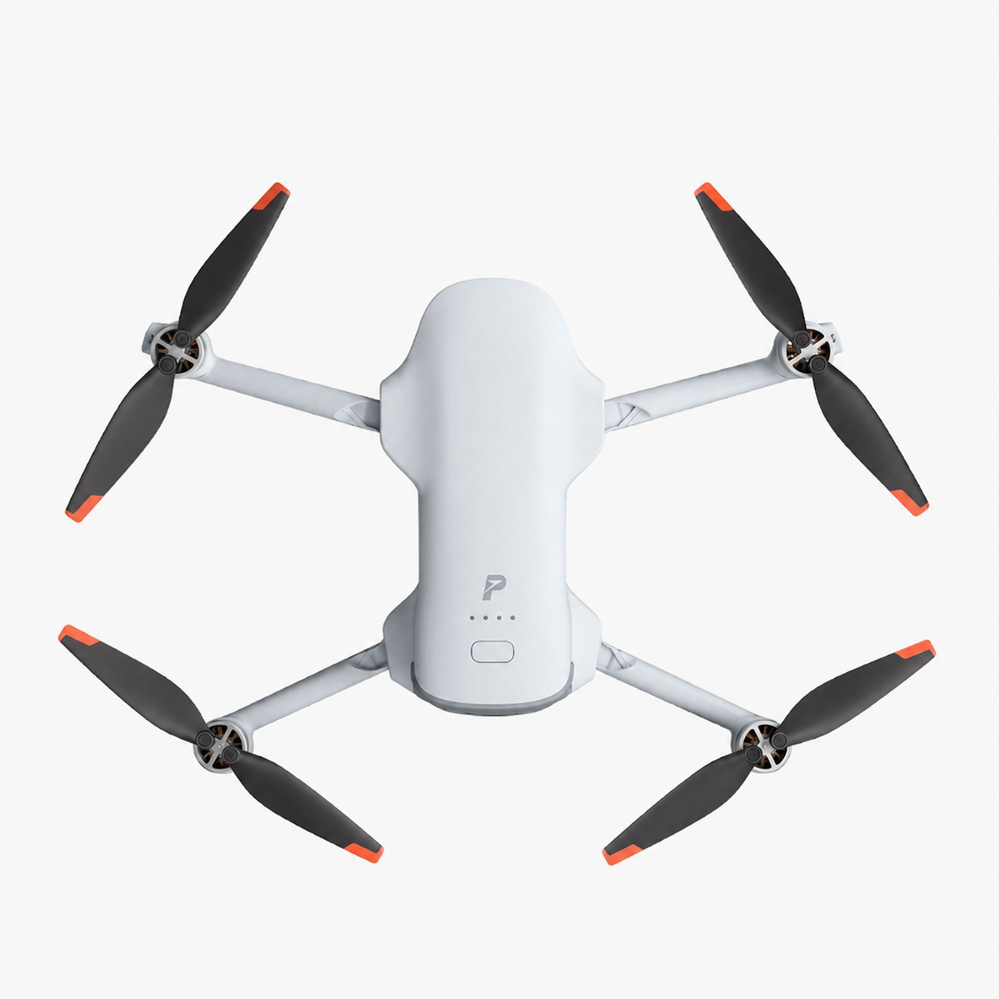 Biały dron typu quadrocopter z czarnymi śmigłami i pomarańczowymi końcówkami.