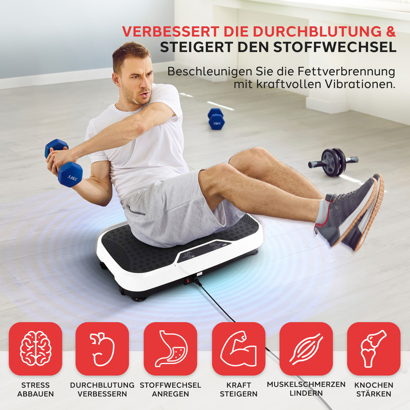 Mann trainiert auf Vibrationsplatte mit Hanteln, Icons zeigen Vorteile.