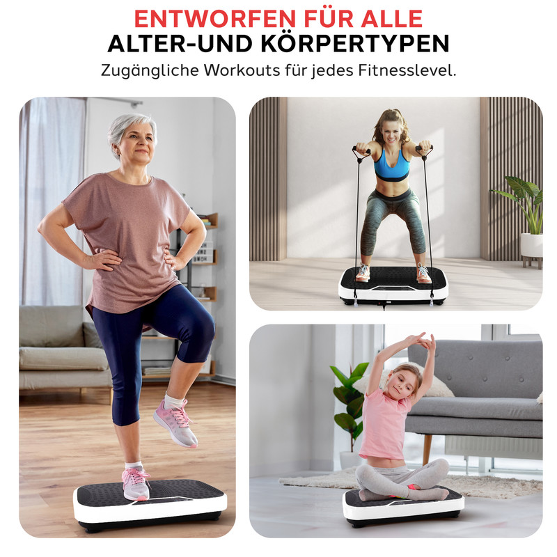 Seniorin, Frau und Kind trainieren auf Vibrationsplatten.