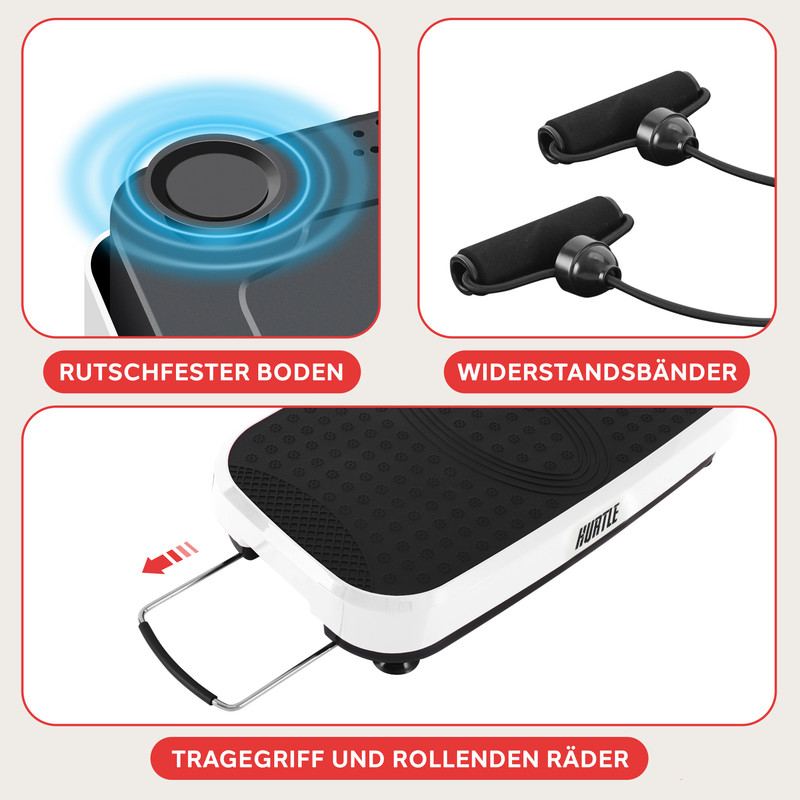 Vibrationsplatte mit Tragegriff, Widerstandsbändern und rutschfestem Boden.