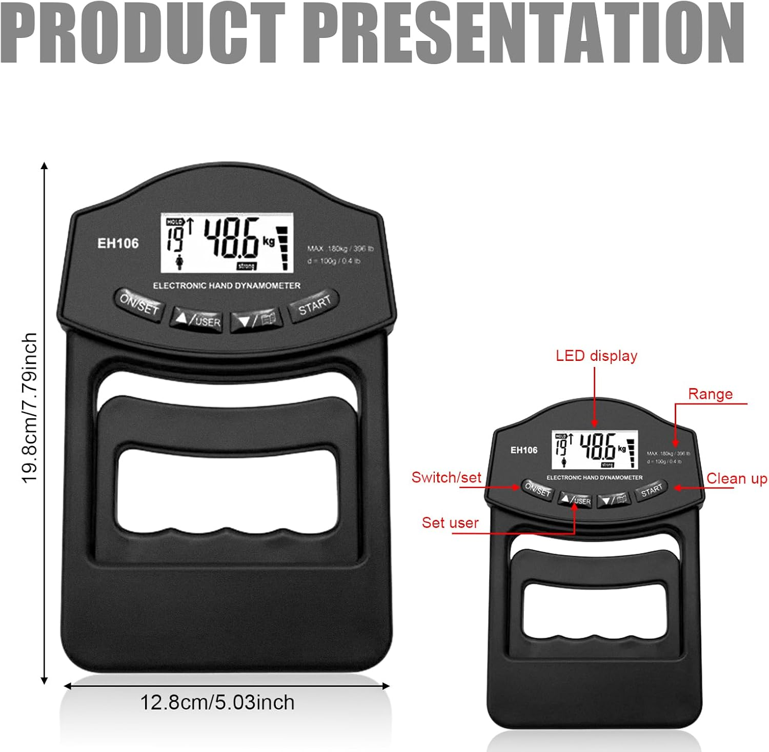 Schwarzer digitaler Handdynamometer mit LCD-Anzeige, Maße 19,8x12,8 cm.