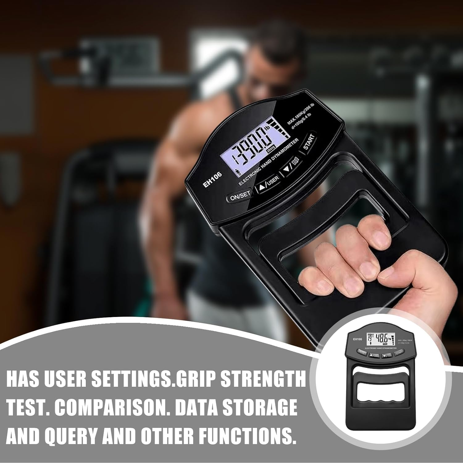 Schwarzer Handdynamometer mit Digitalanzeige, von einer Person gehalten. Fitnessstudio-Hintergrund.