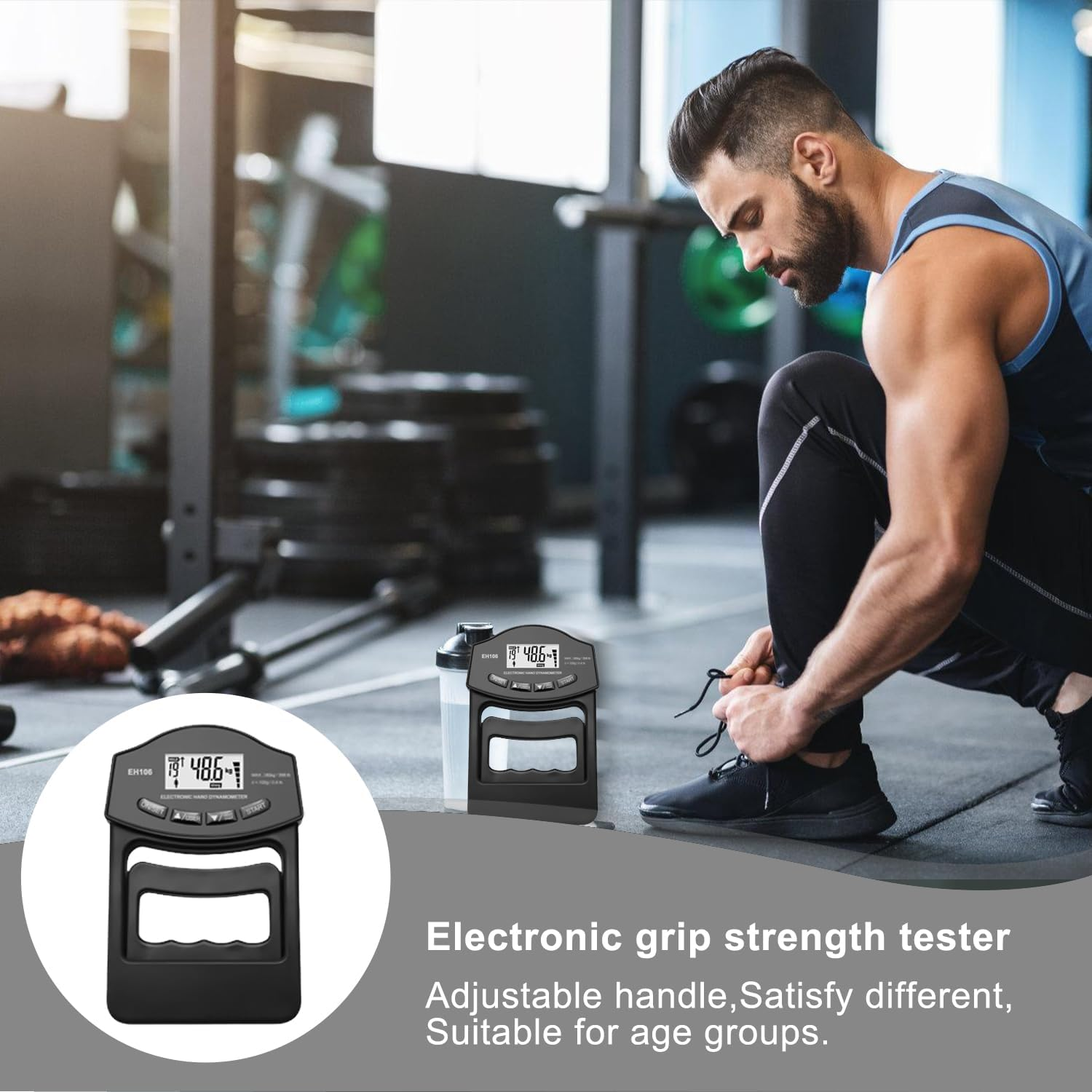Ein Mann bindet seine Schnürsenkel in einem Fitnessstudio, ein Griffkrafttester liegt daneben.