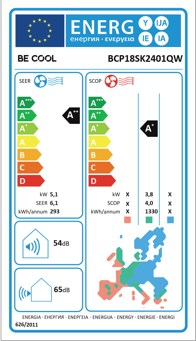Etichetta energetica BE COOL BCP18SK2401QW: SEER A++, SCOP A+; rumore 54/65 dB.