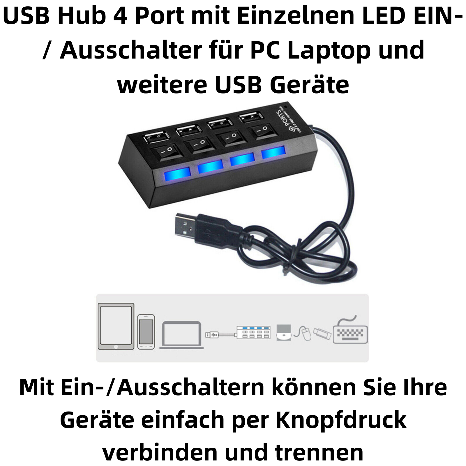 Schwarzer 4-Port USB-Hub mit blauen LEDs und Schaltern, mit USB-Kabel.