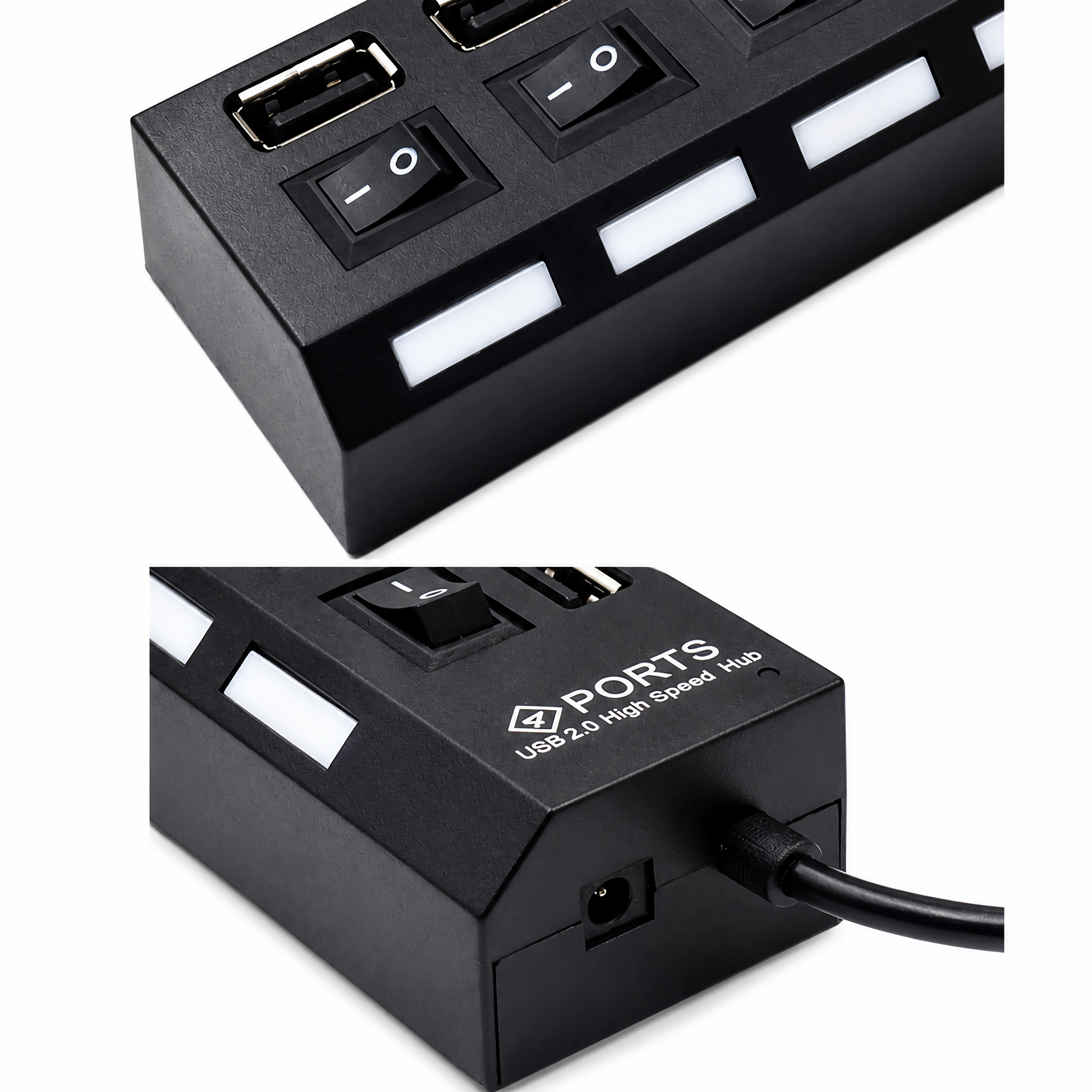 Schwarzer USB 2.0 Hub mit 4 Anschlüssen, Schaltern und blauen LEDs.