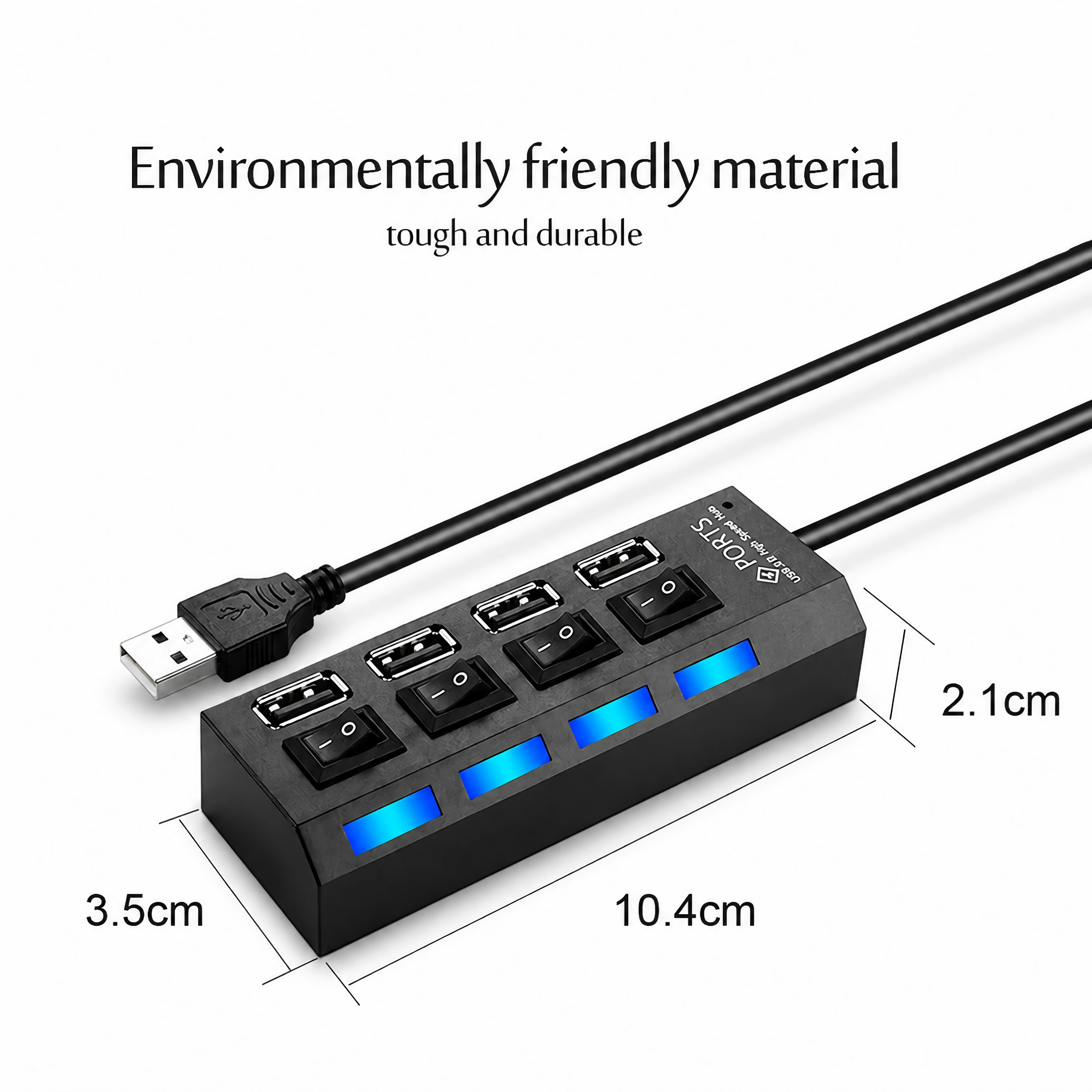 Schwarzer USB 3.0 Hub mit 4 Anschlüssen, Einzelschaltern und blauen LEDs. Maße: 10,4x3,5x2,1cm.