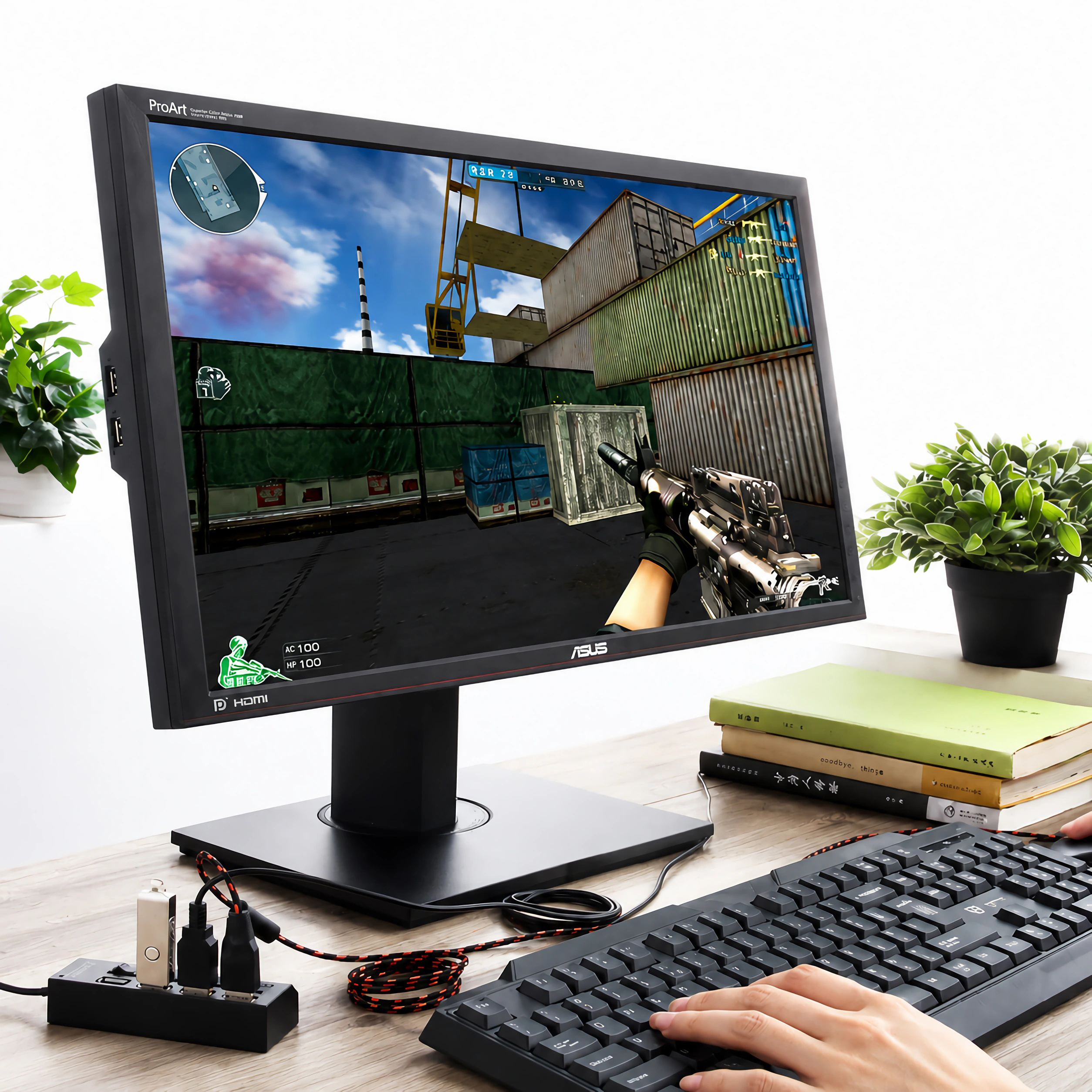 Ein Monitor zeigt ein Ego-Shooter-Spiel. Eine Tastatur und ein USB-Hub sind daneben.